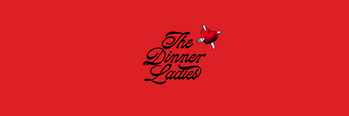 The Dinner Ladies logo on a red background with tagline “New Look, Same Heart,” marking 17 years in business.