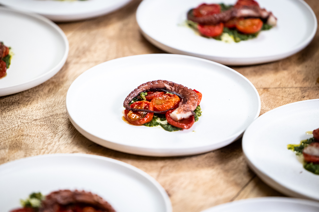 MKR Recipe: Twice-cooked octopus with green romesco, slow-roast tomatoes and jamon crumb