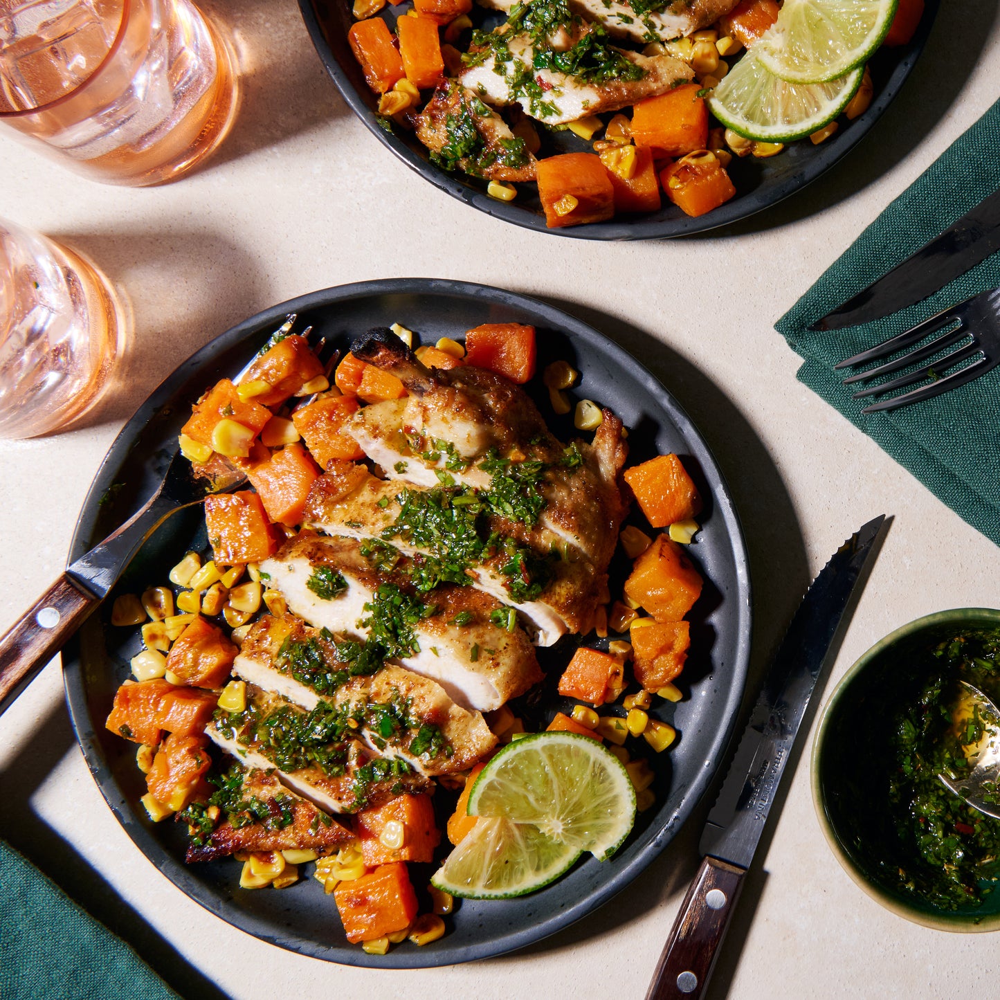 Chicken chimichurri traybake on plates