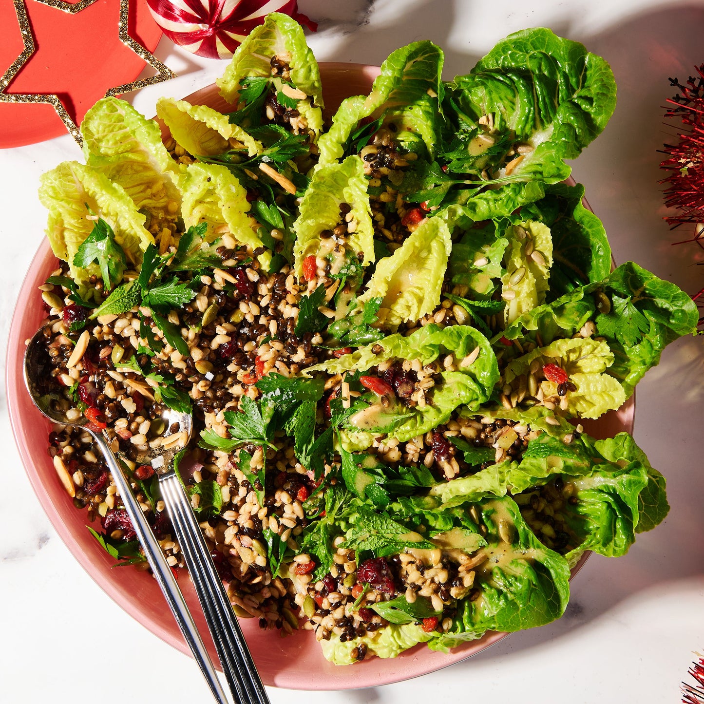 Grain salad with cranberries, toasted almonds and lemon mustard vinaigrette with lettuce