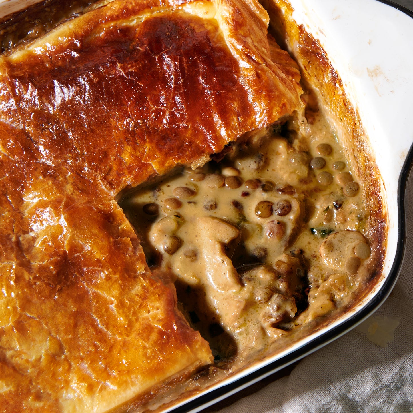 Mushroom, tarragon and french lentil pie close up