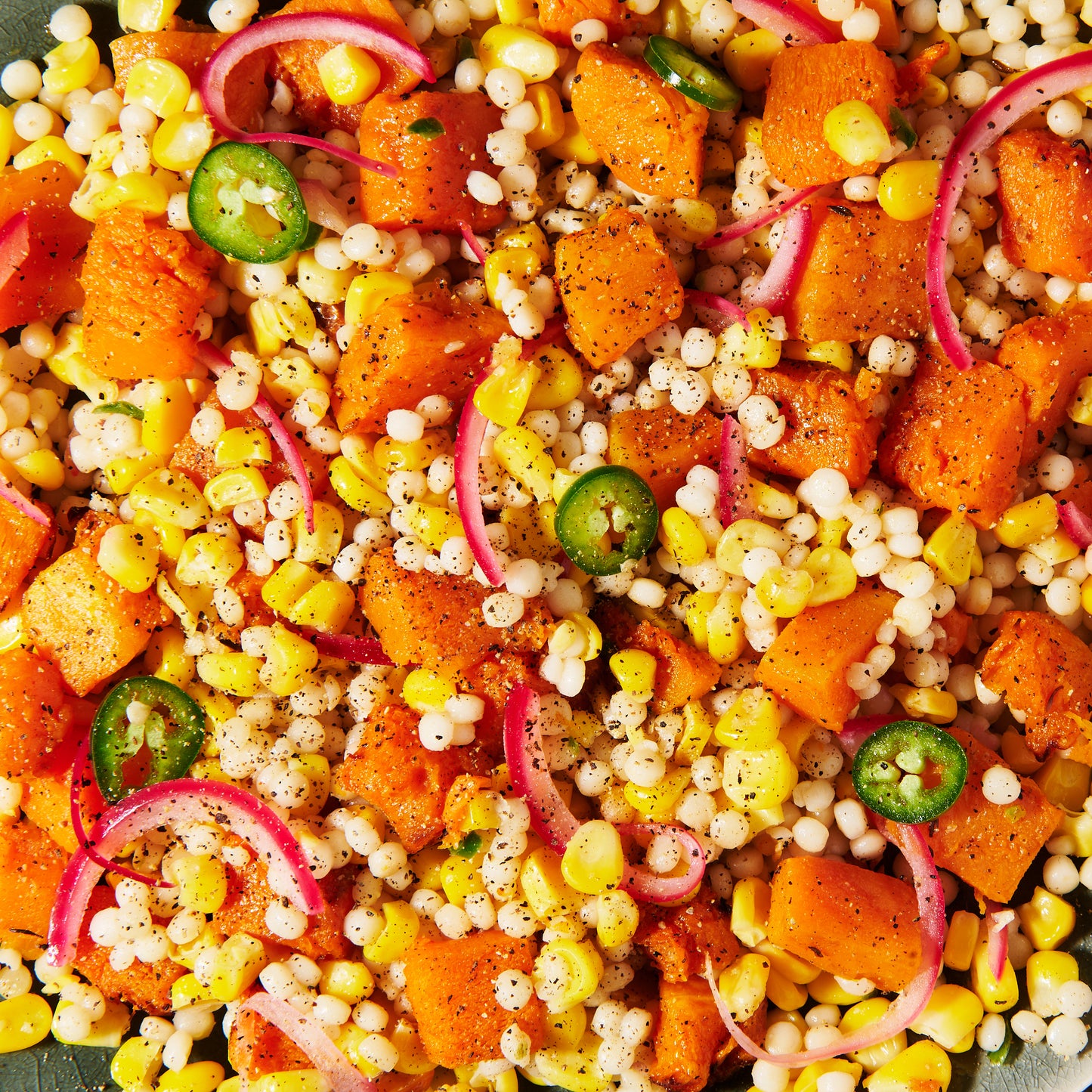 Pearl cous cous with roasted pumpkin and creamy parmesan dressing
