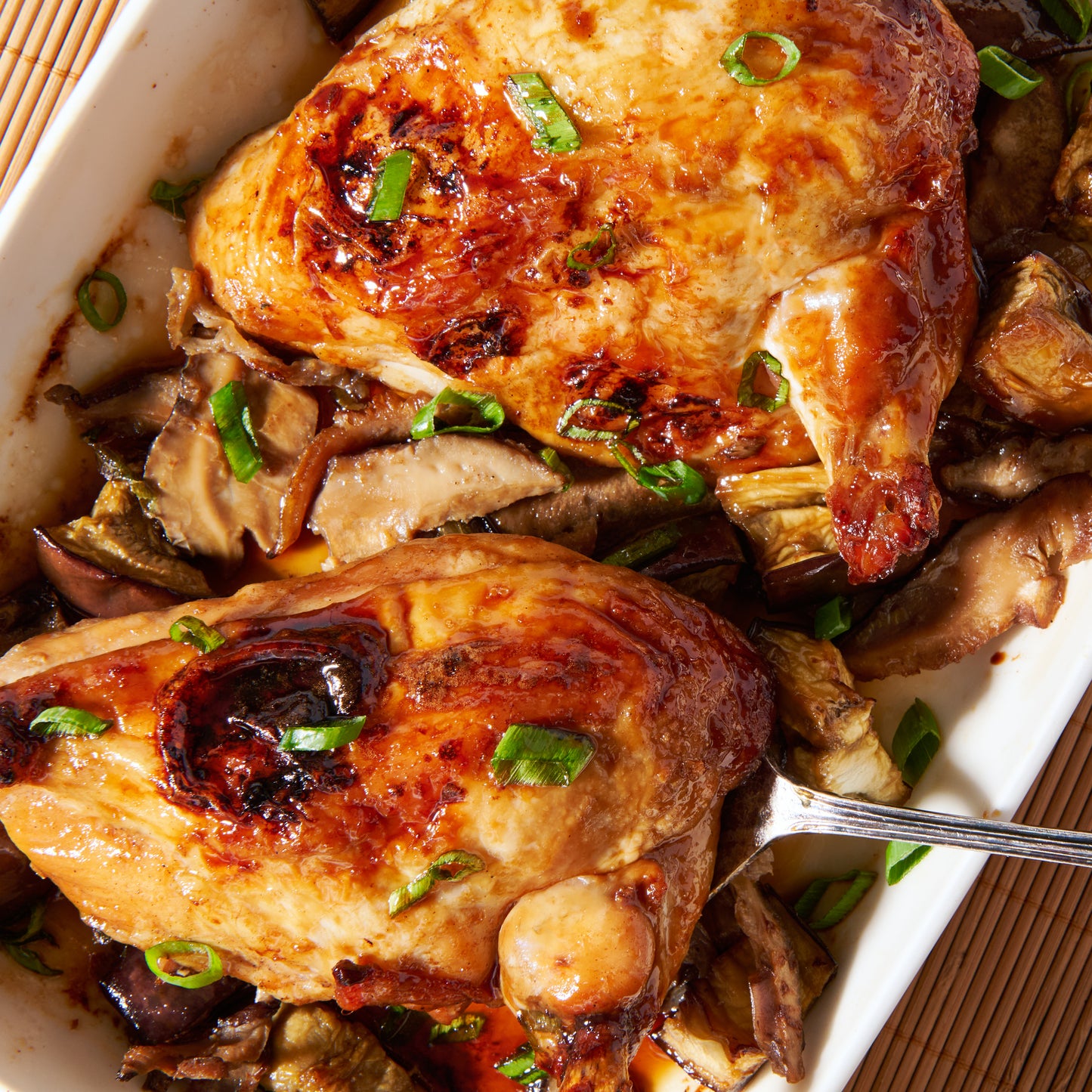 Sticky Szechuan chicken with eggplant and shiitake mushrooms