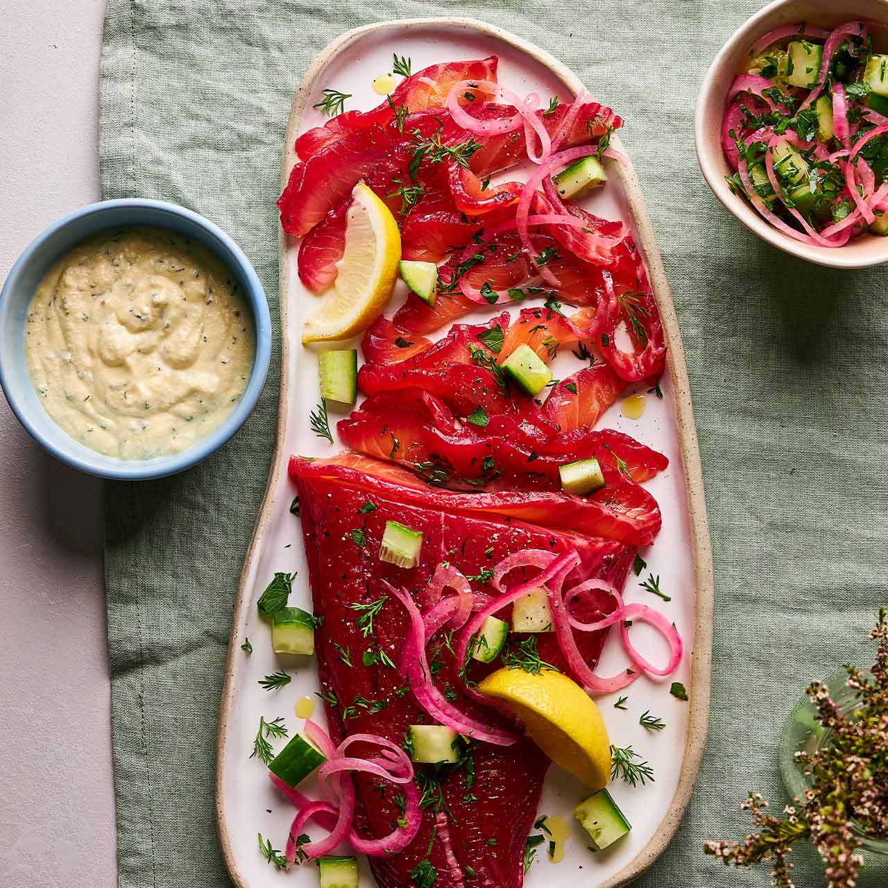 Beetroot-cured salmon gravlax with dill crème fraiche