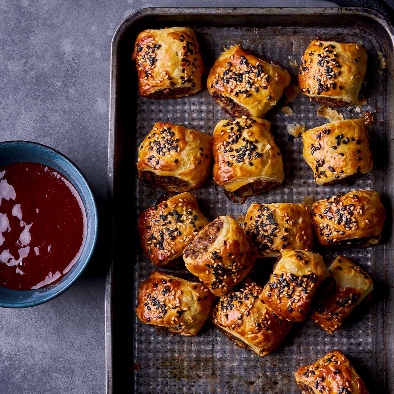Duck sausage rolls with cherry and plum dipping sauce