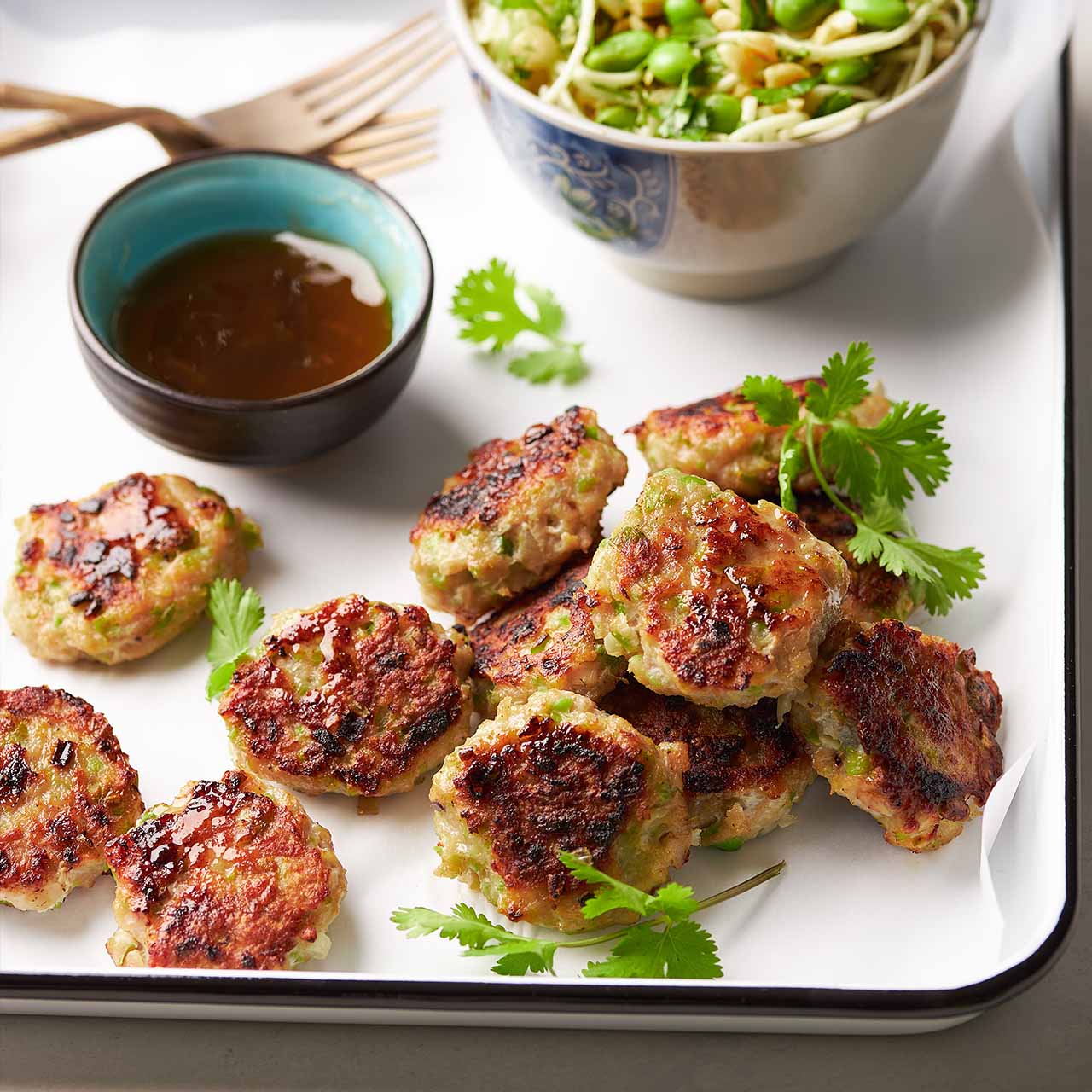 Plate of golden Chicken & Edamame Bites with dipping sauce, fresh coriander garnish, and a side bowl of noodle salad.