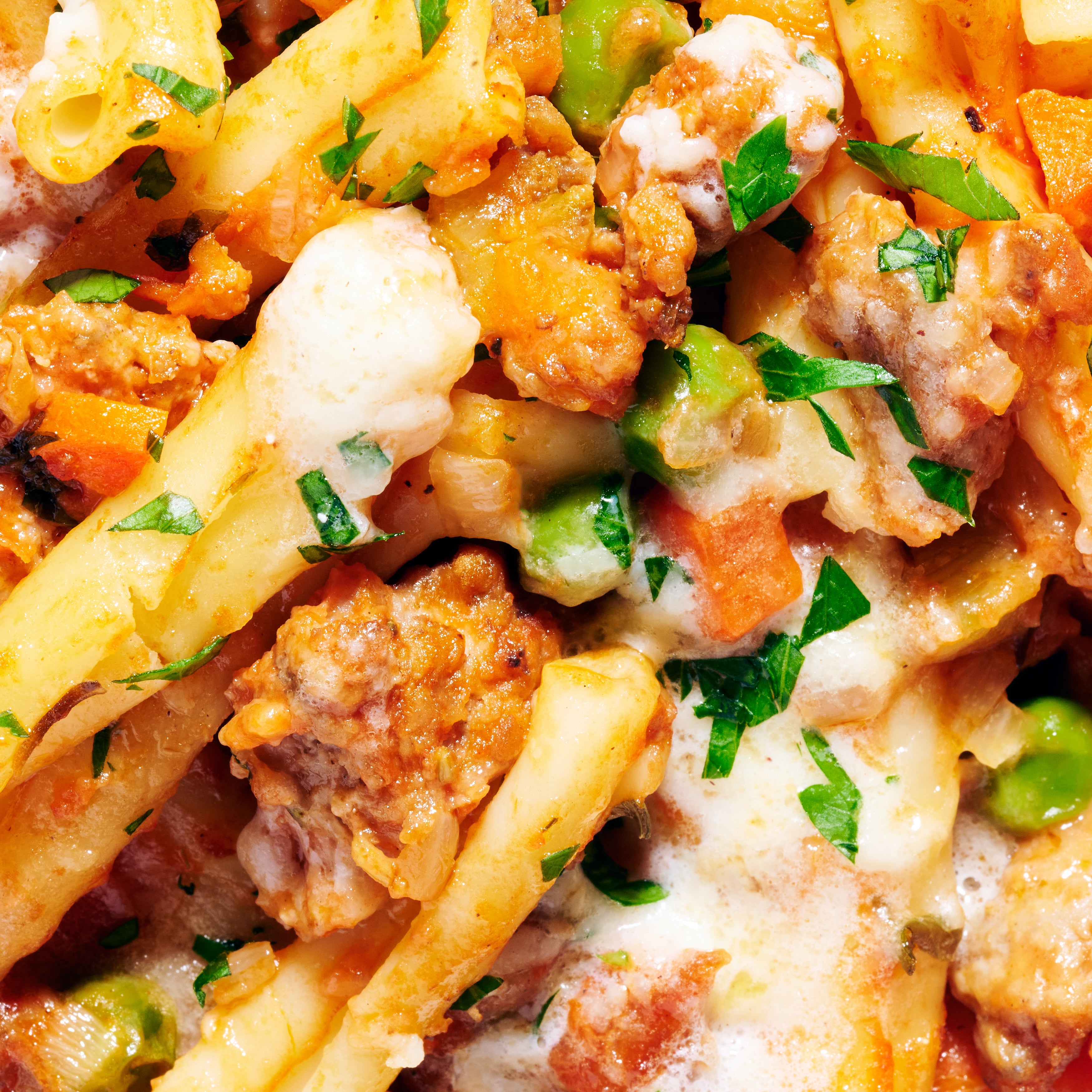 Pasta with Italian sausage, pancetta and parmesan cream