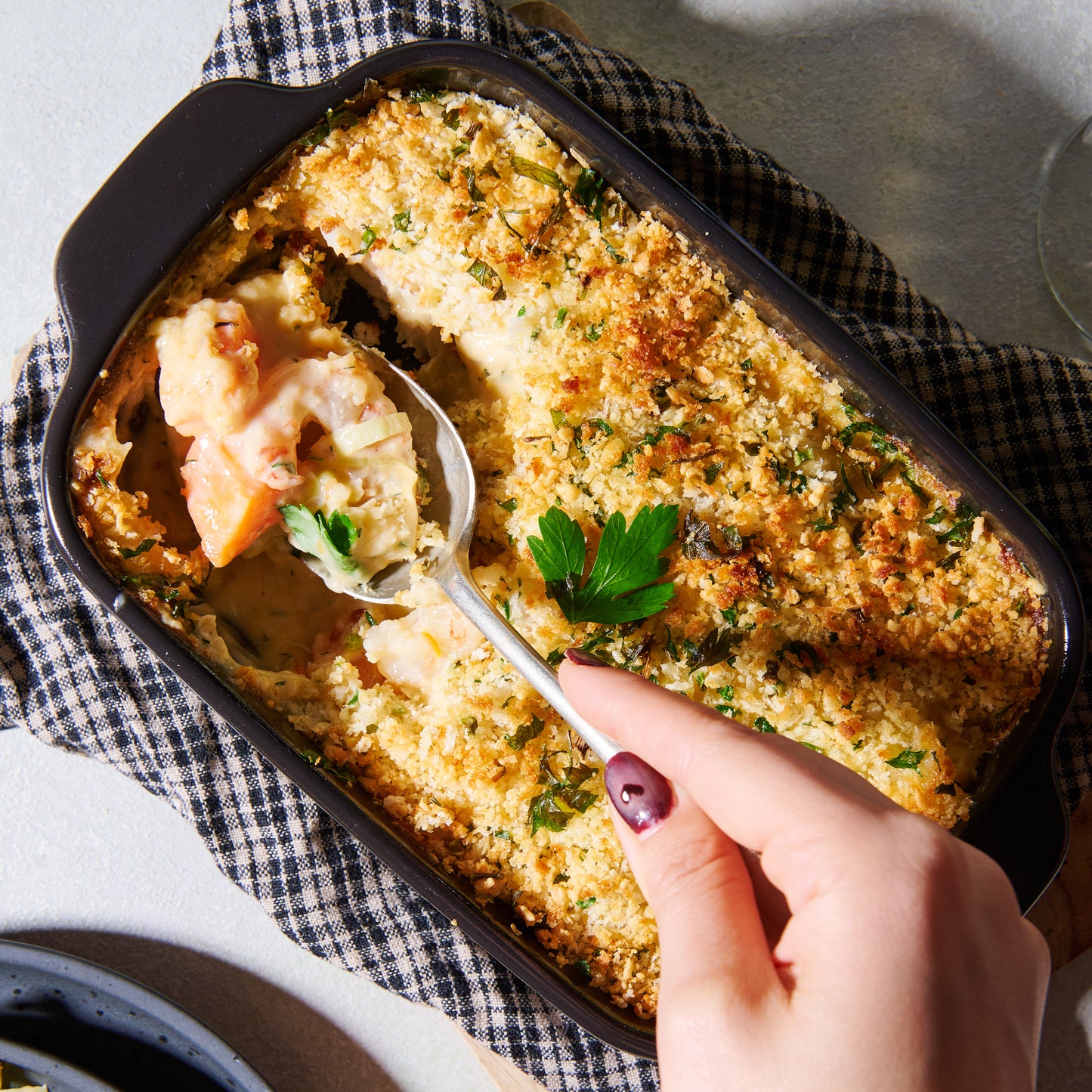 Prawn, leek and barramundi gratin