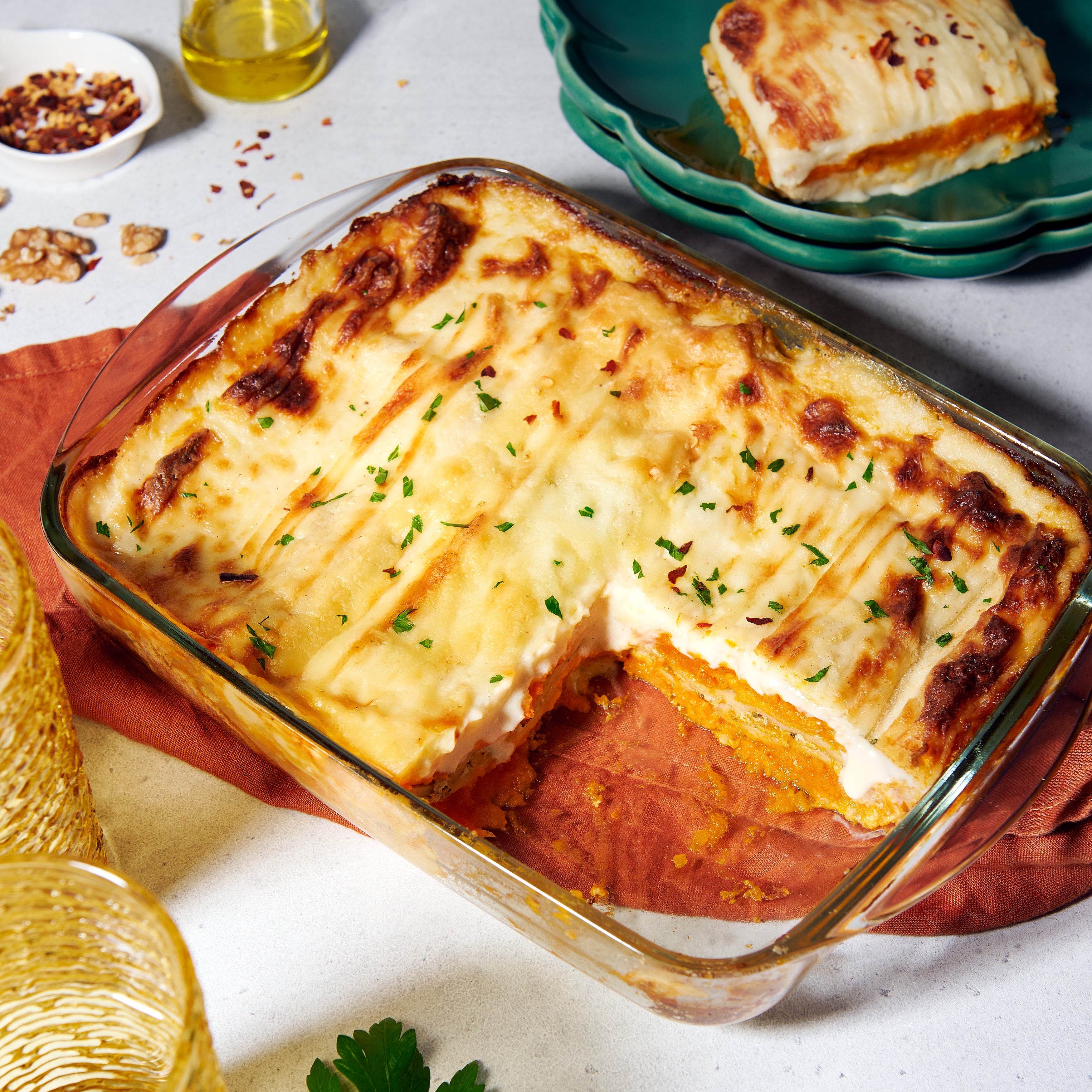 Roast pumpkin and ricotta lasagne with sage and walnuts