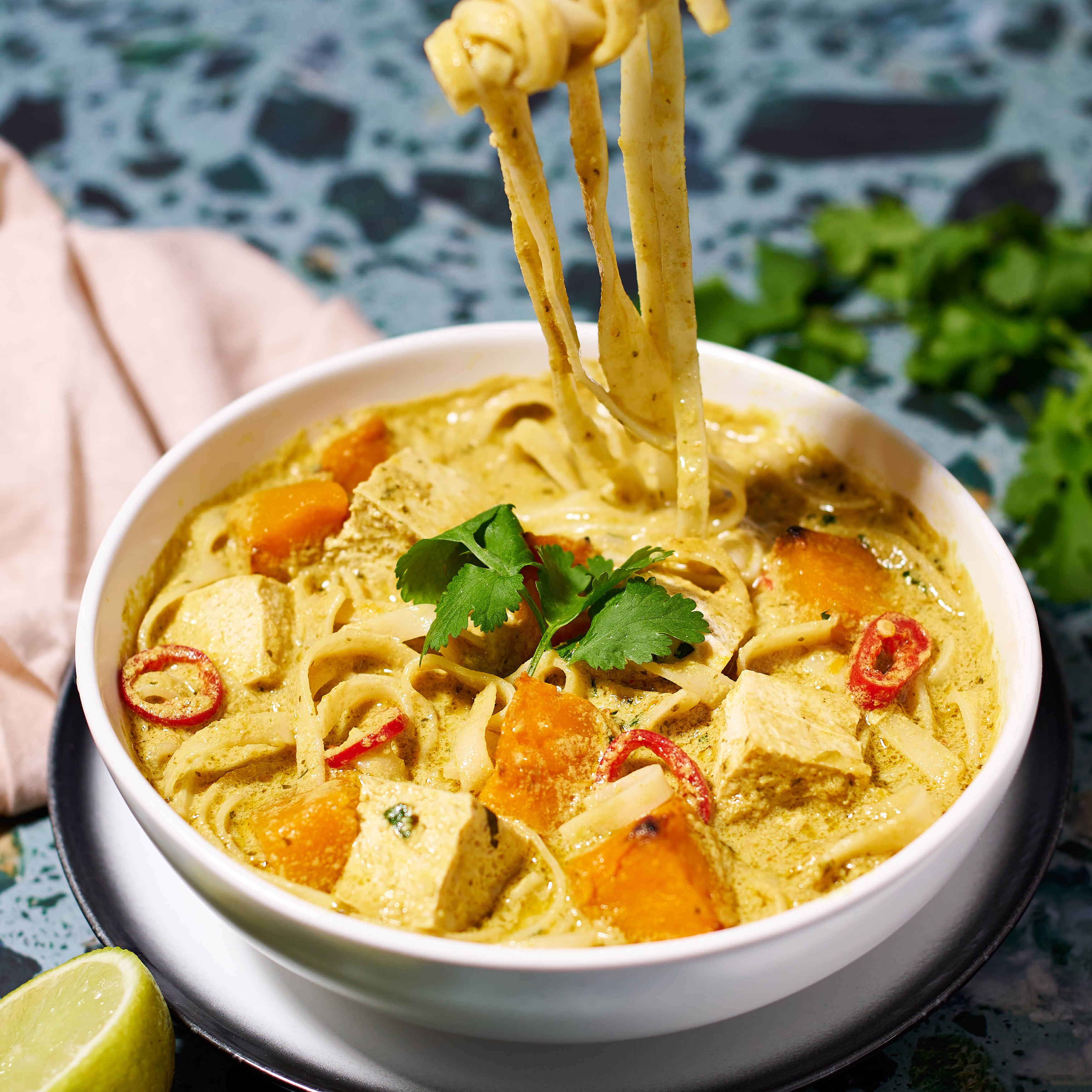Pumpkin and tofu laksa with rice noodles