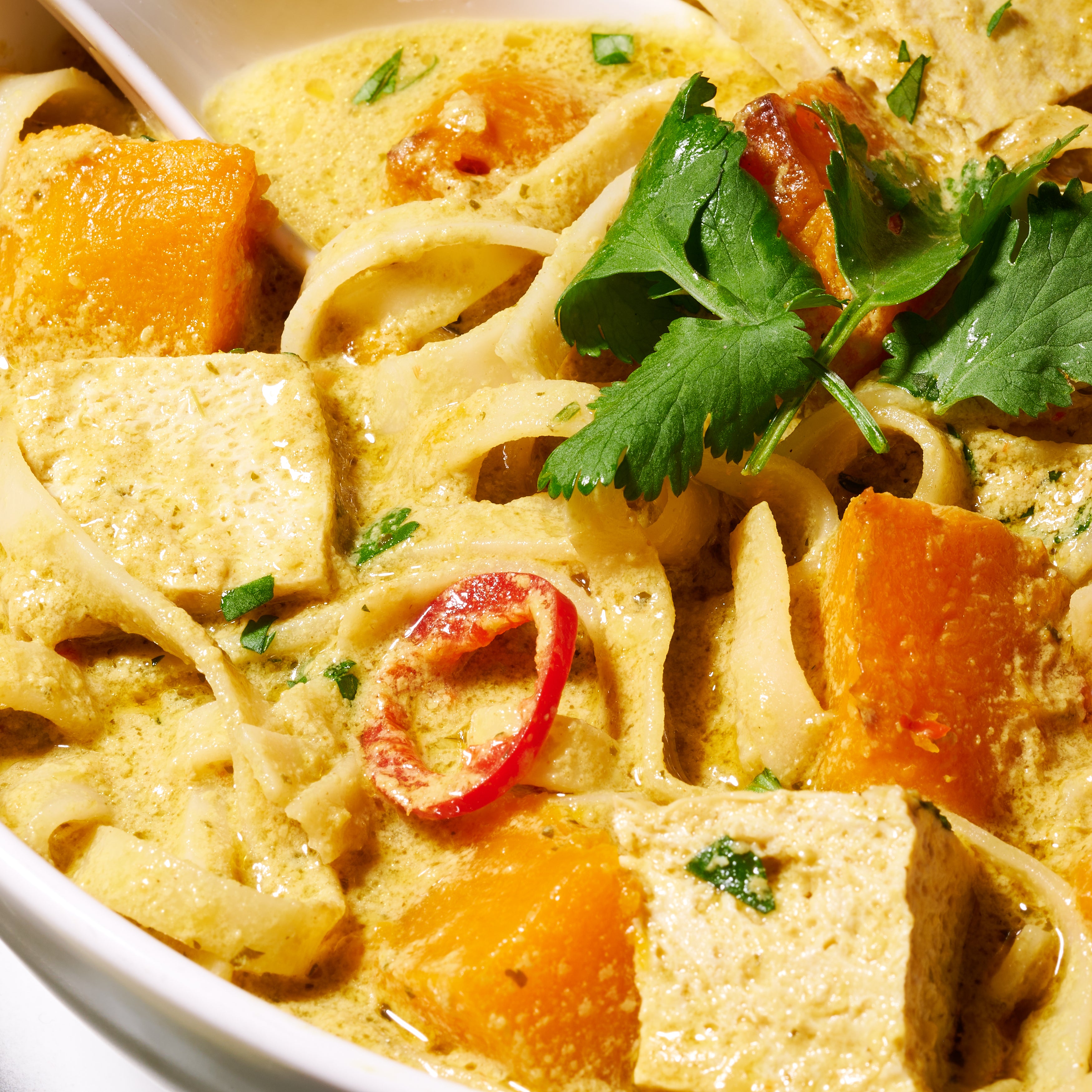 Pumpkin and tofu laksa with rice noodles