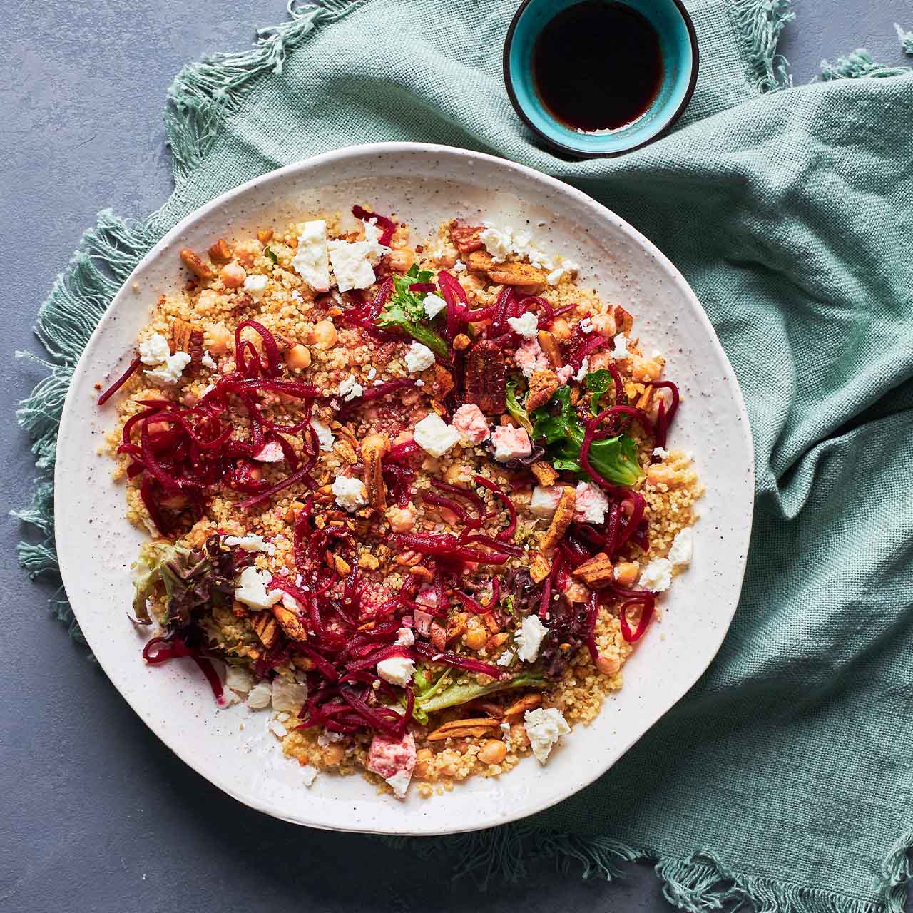Quinoa, beetroot and feta salad with spiced pecans