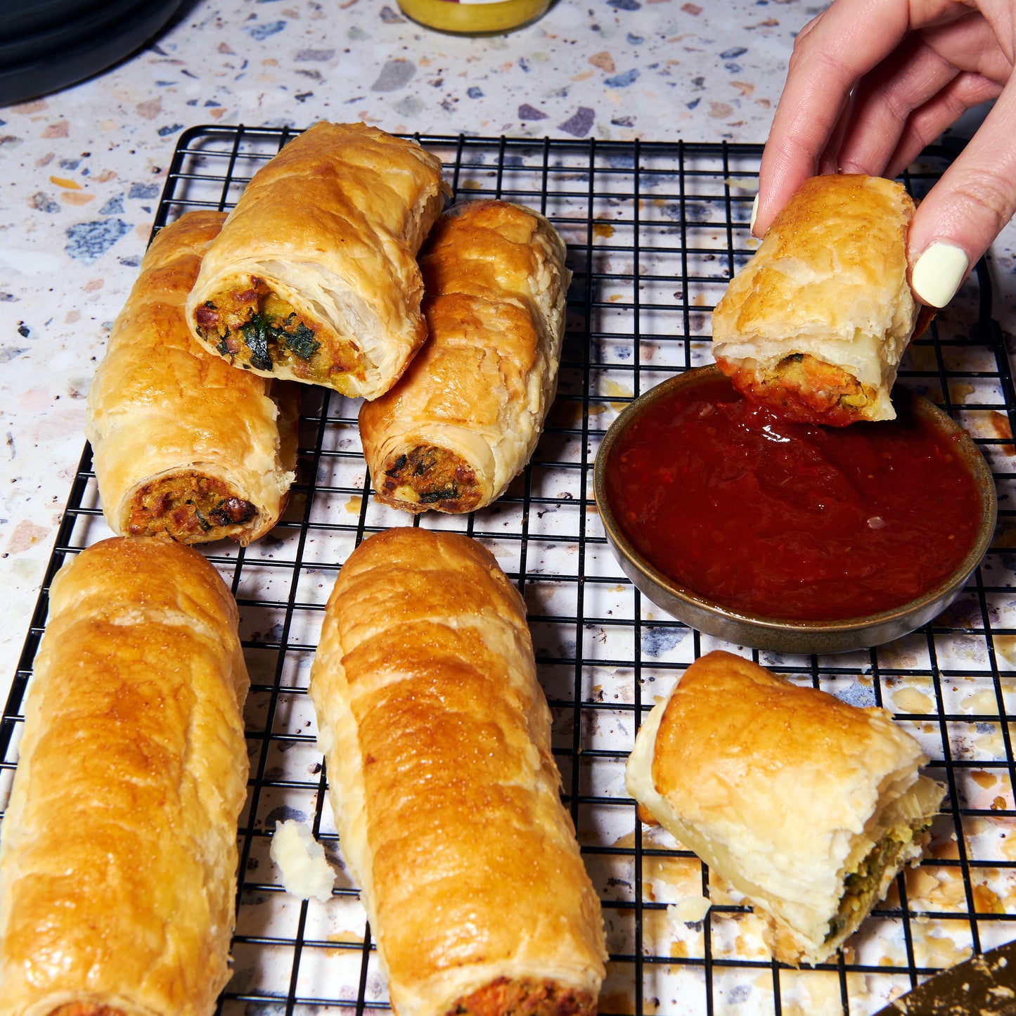 Sweet potato and haloumi veggie sausage rolls