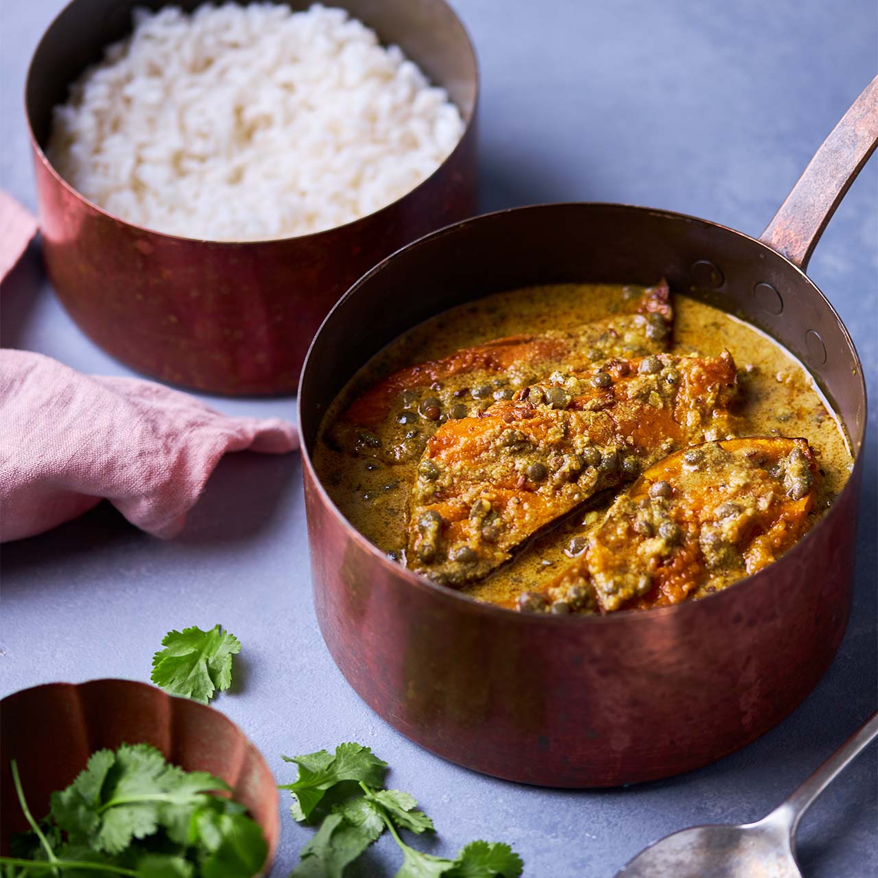 Spiced pumpkin and lentil curry served with steamed rice and fresh coriander garnish.