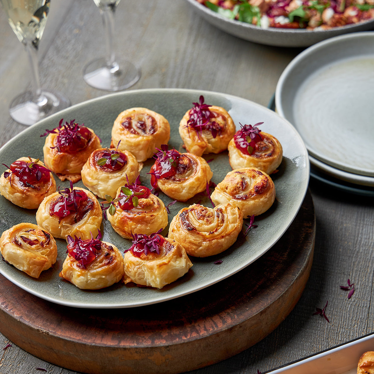 Caramelised onion and goats cheese pinwheels with beetroot relish