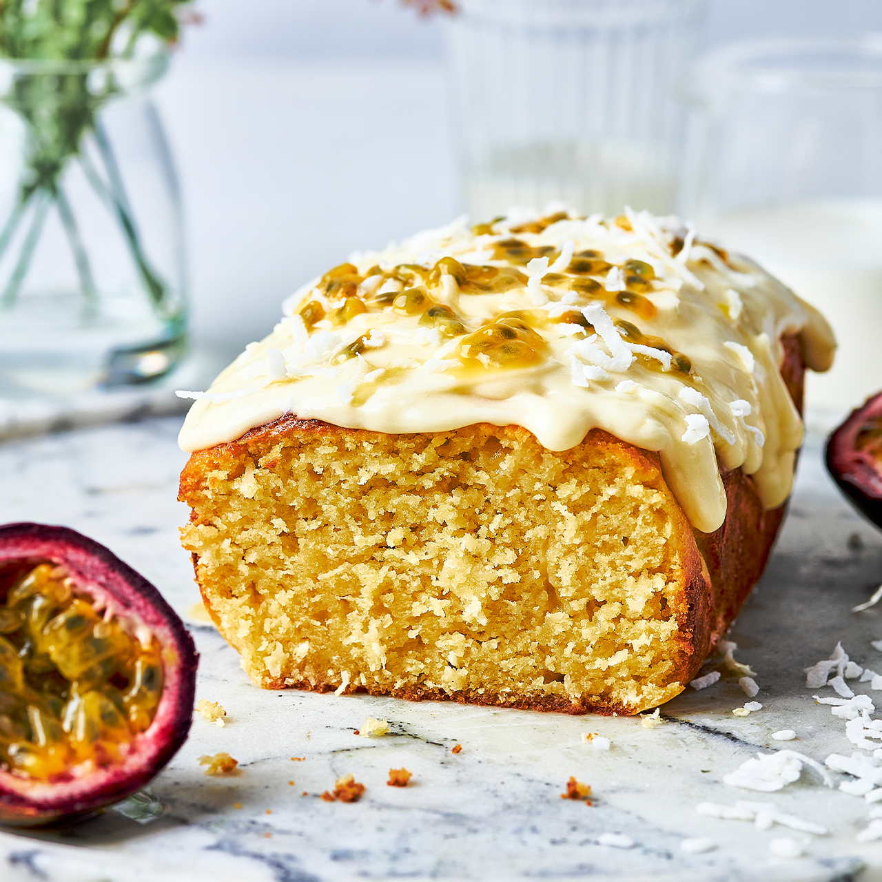 Passionfruit and coconut cake with lime and cream cheese icing