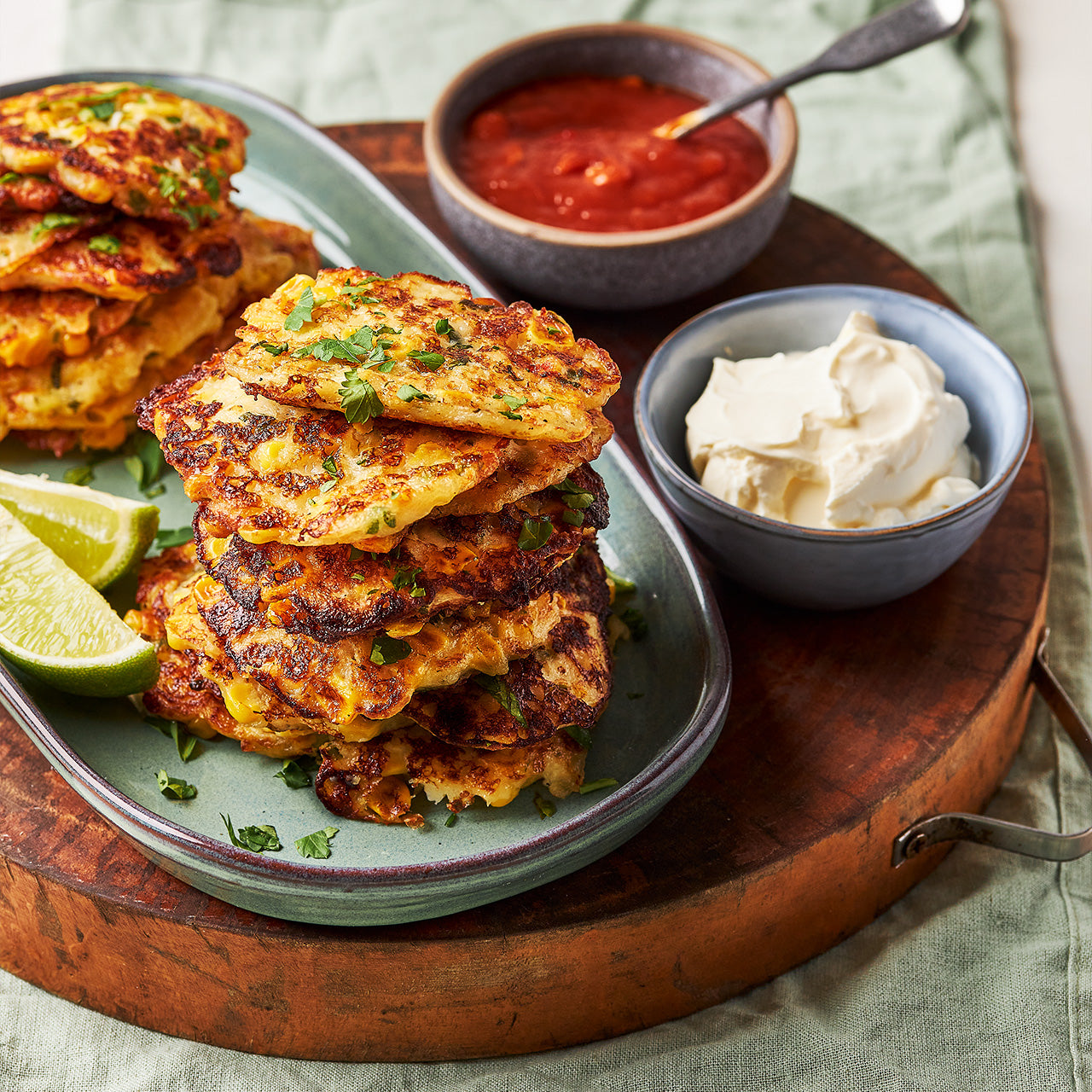 Stack of golden Sweetcorn & Haloumi Fritters on a plate with lime wedges, sour cream, and tomato chutney.
