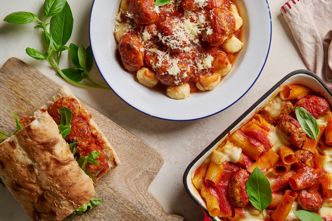 Italian meatballs served three ways – with gnocchi, baked pasta, and in a focaccia sandwich.