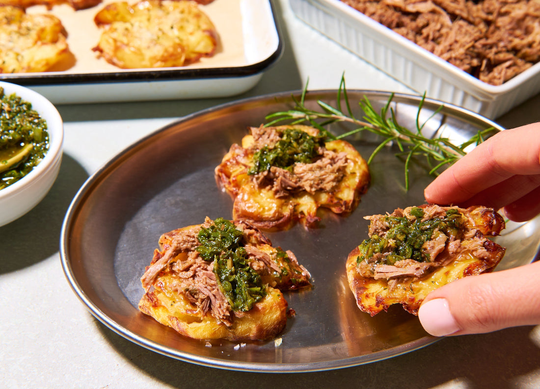 Crispy Squashed Potatoes with Herby Lamb & Mint Salsa Verde