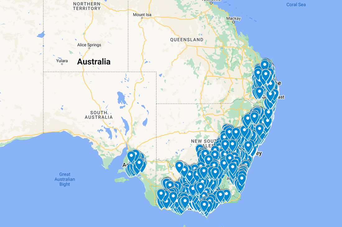 Map of Australia highlighting Dinner Ladies delivery areas across NSW, VIC, SA, and QLD with location pins clustered along the east coast.