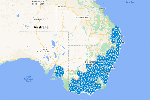 Map of Australia highlighting Dinner Ladies delivery areas across NSW, VIC, SA, and QLD with location pins clustered along the east coast.