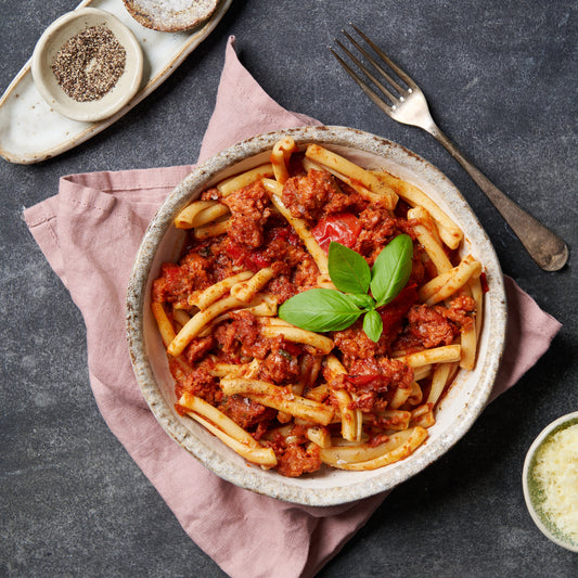 Casarecce pasta with chorizo arabbiata sauce