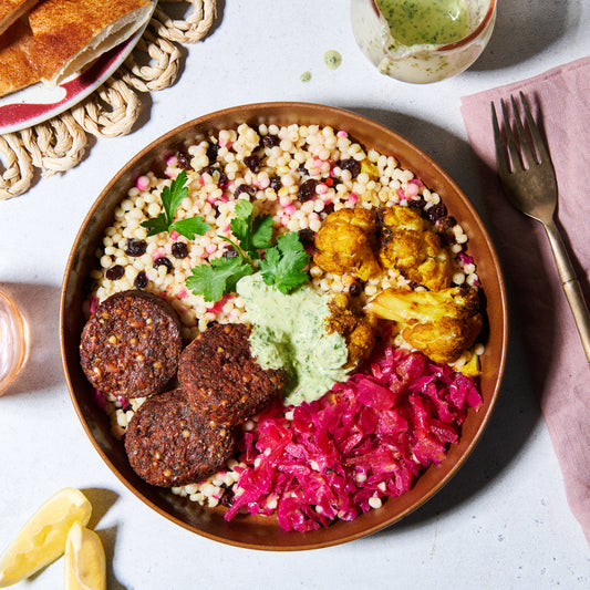 Beetroot falafel bowl with green tahini
