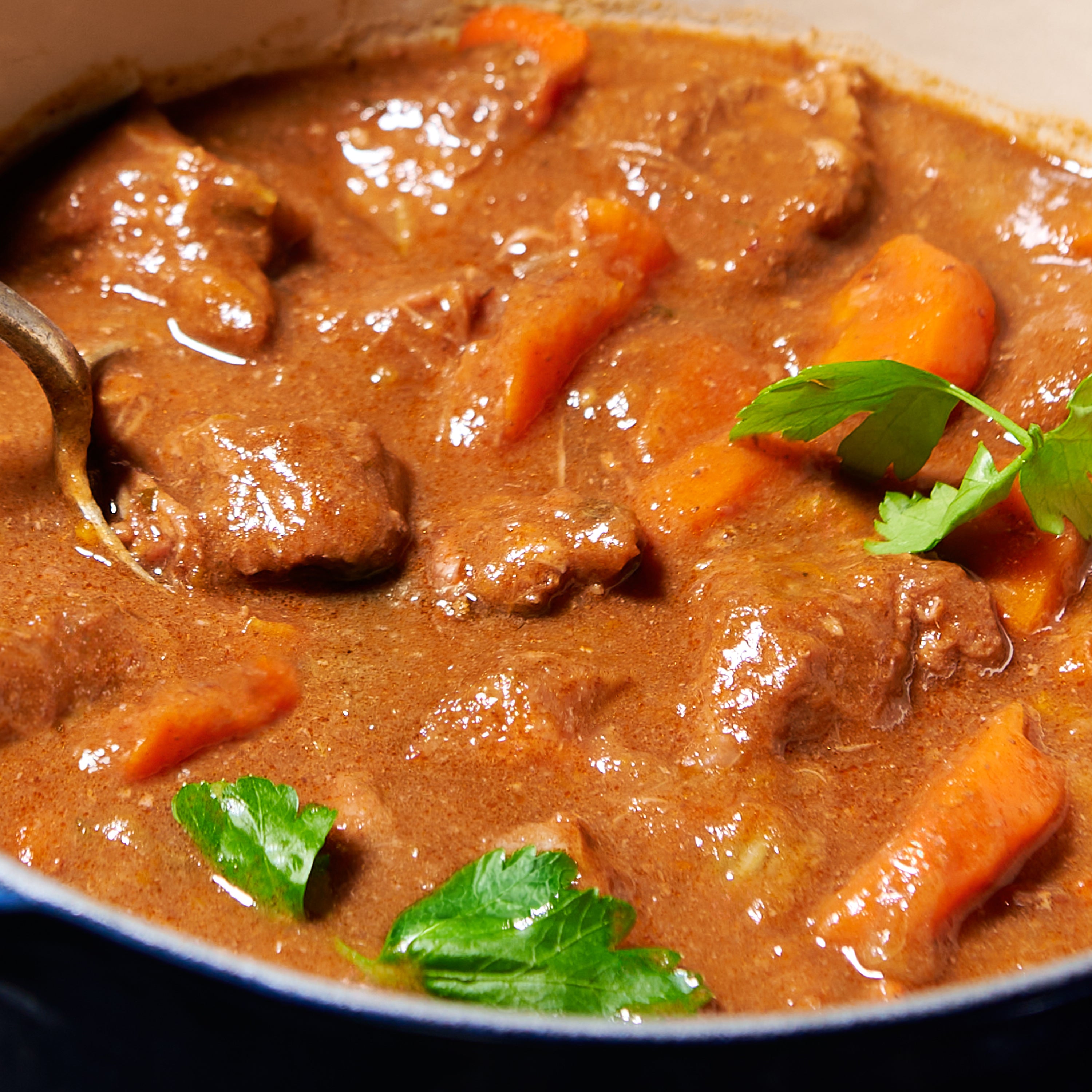 Close-up of tender beef chunks and carrot pieces in a rich stew gravy, garnished with fresh parsley