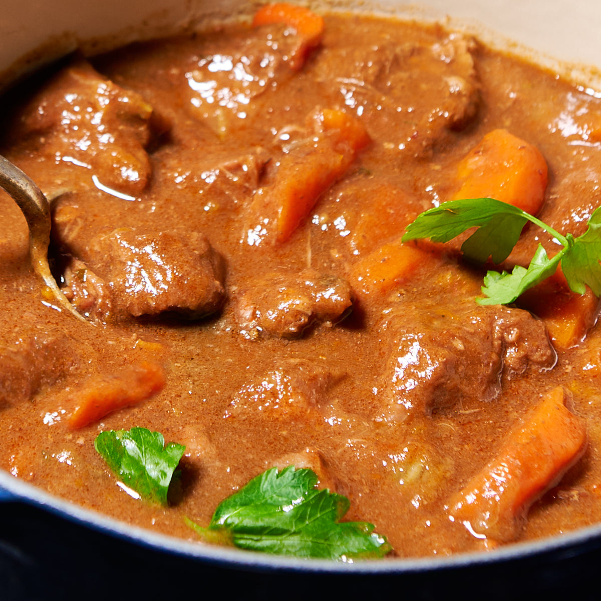 Close-up of tender beef chunks and carrot pieces in a rich stew gravy, garnished with fresh parsley