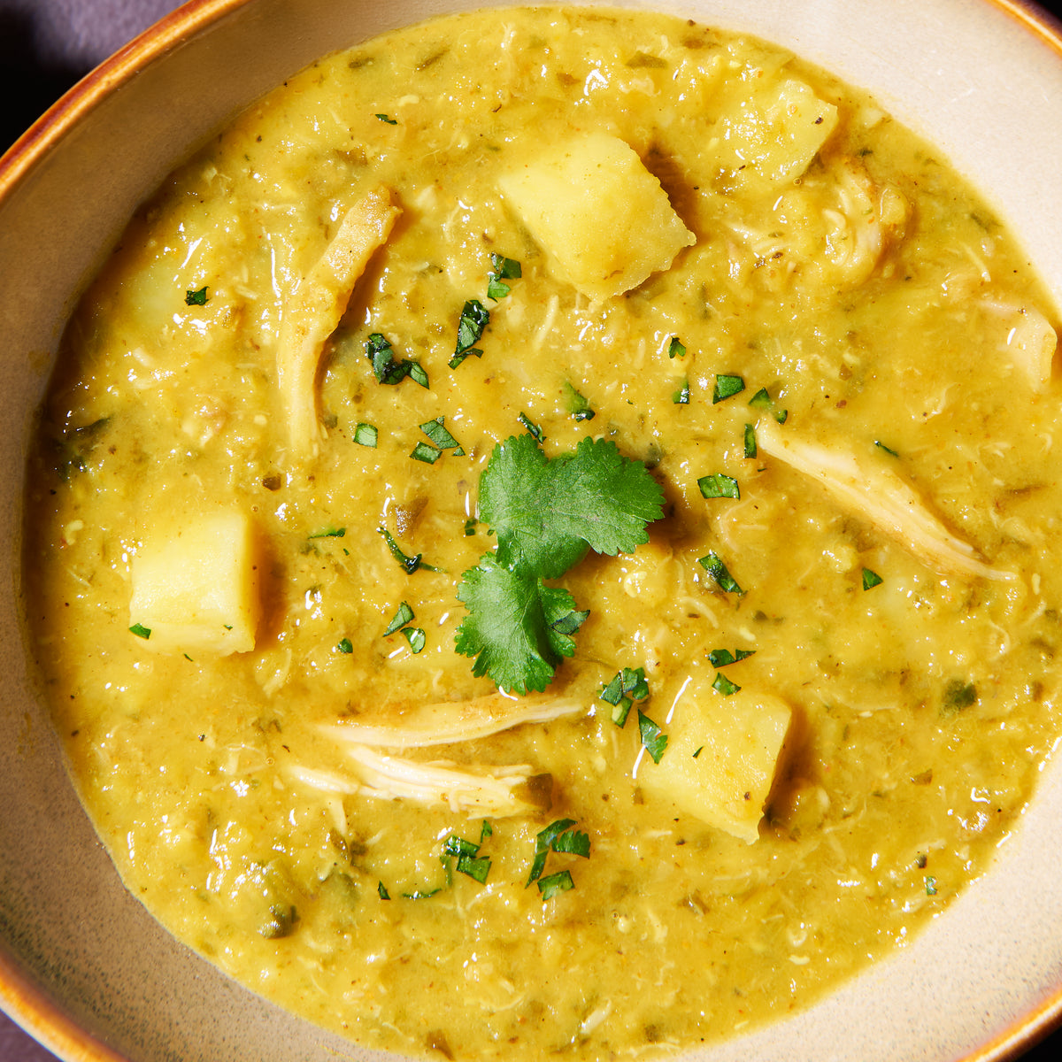Close-up of Chicken Mulligatawny Soup showing chunks of potato, shredded chicken, and fresh coriander garnish.