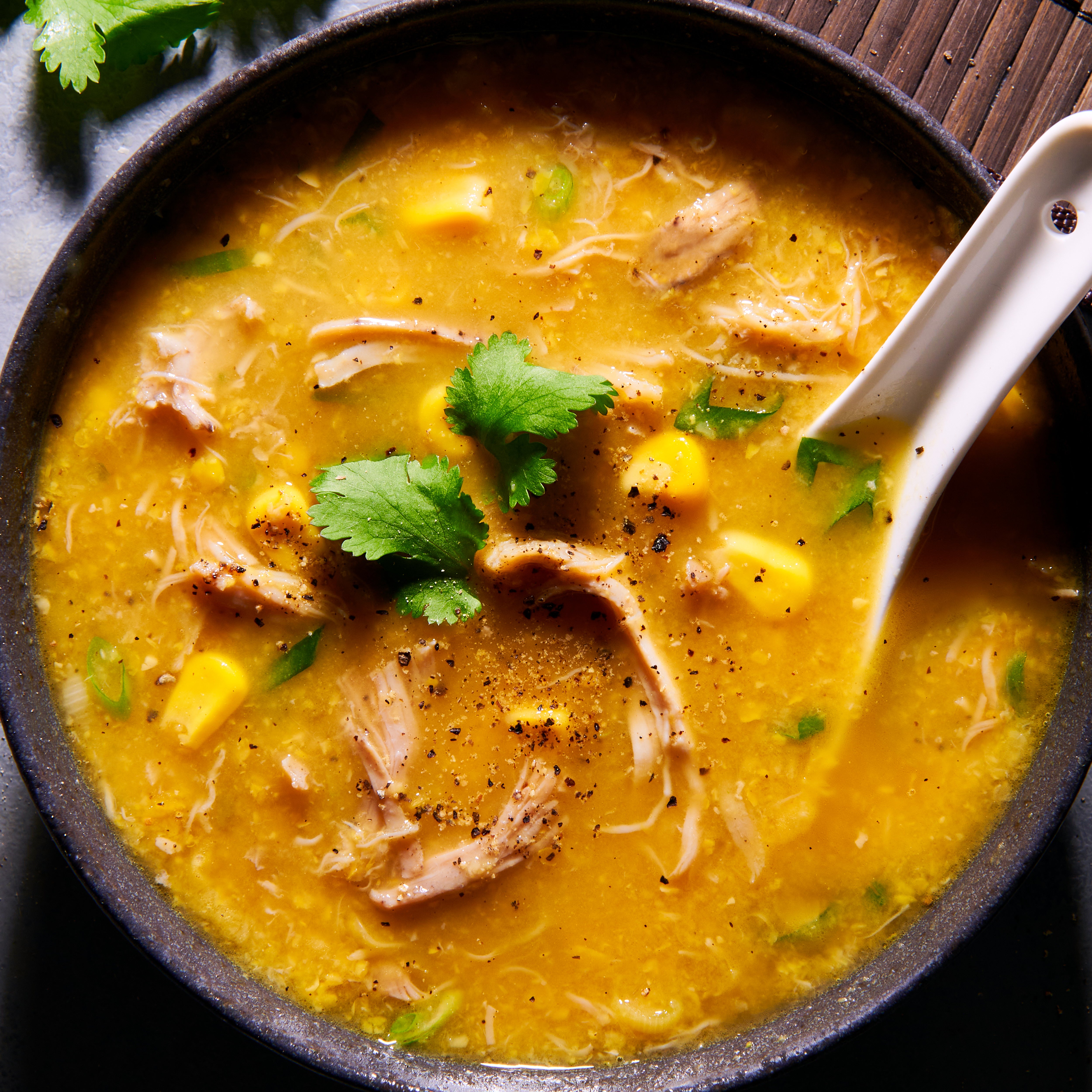 Chicken and sweet corn soup in a bowl