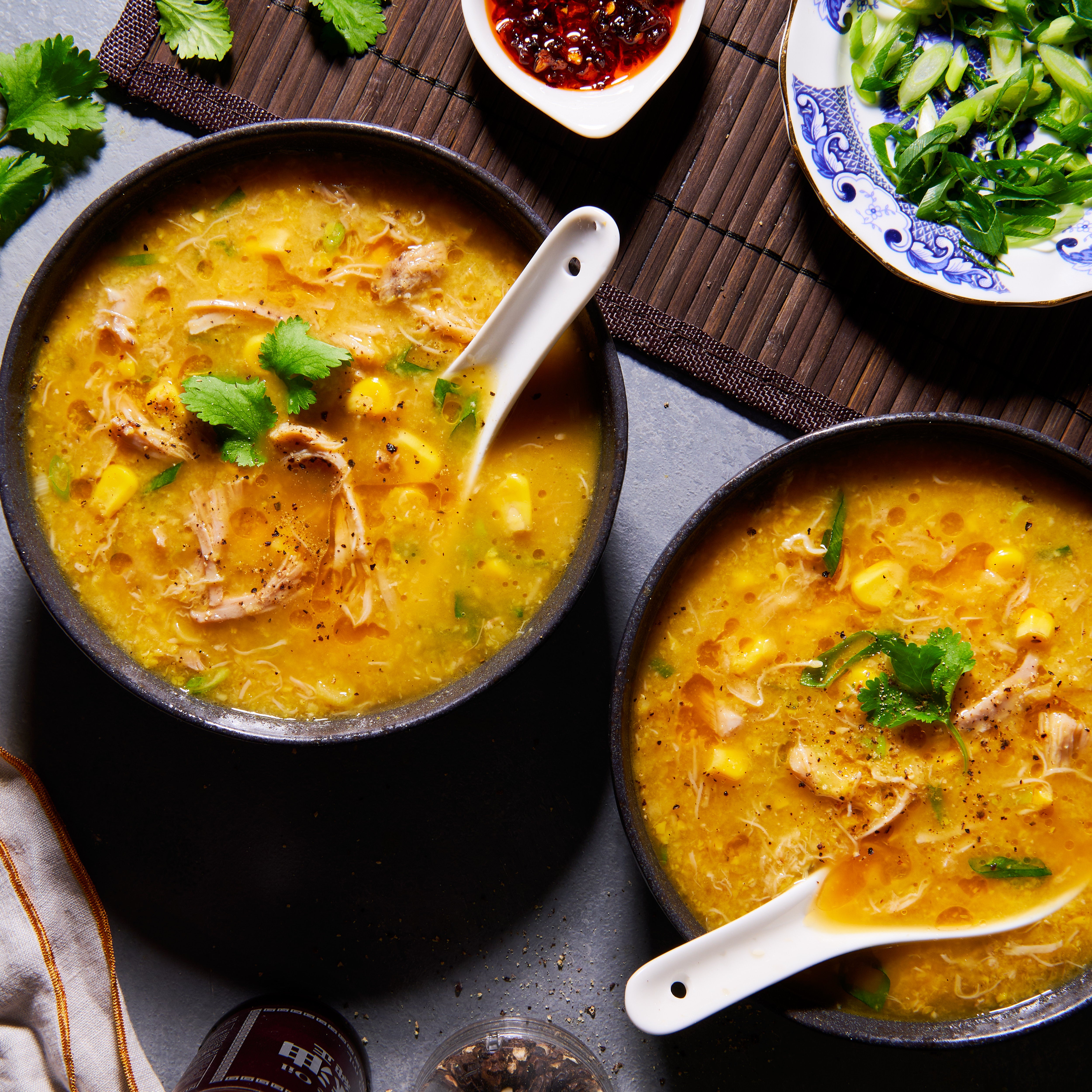 Two bowls of Chicken and sweet corn soup