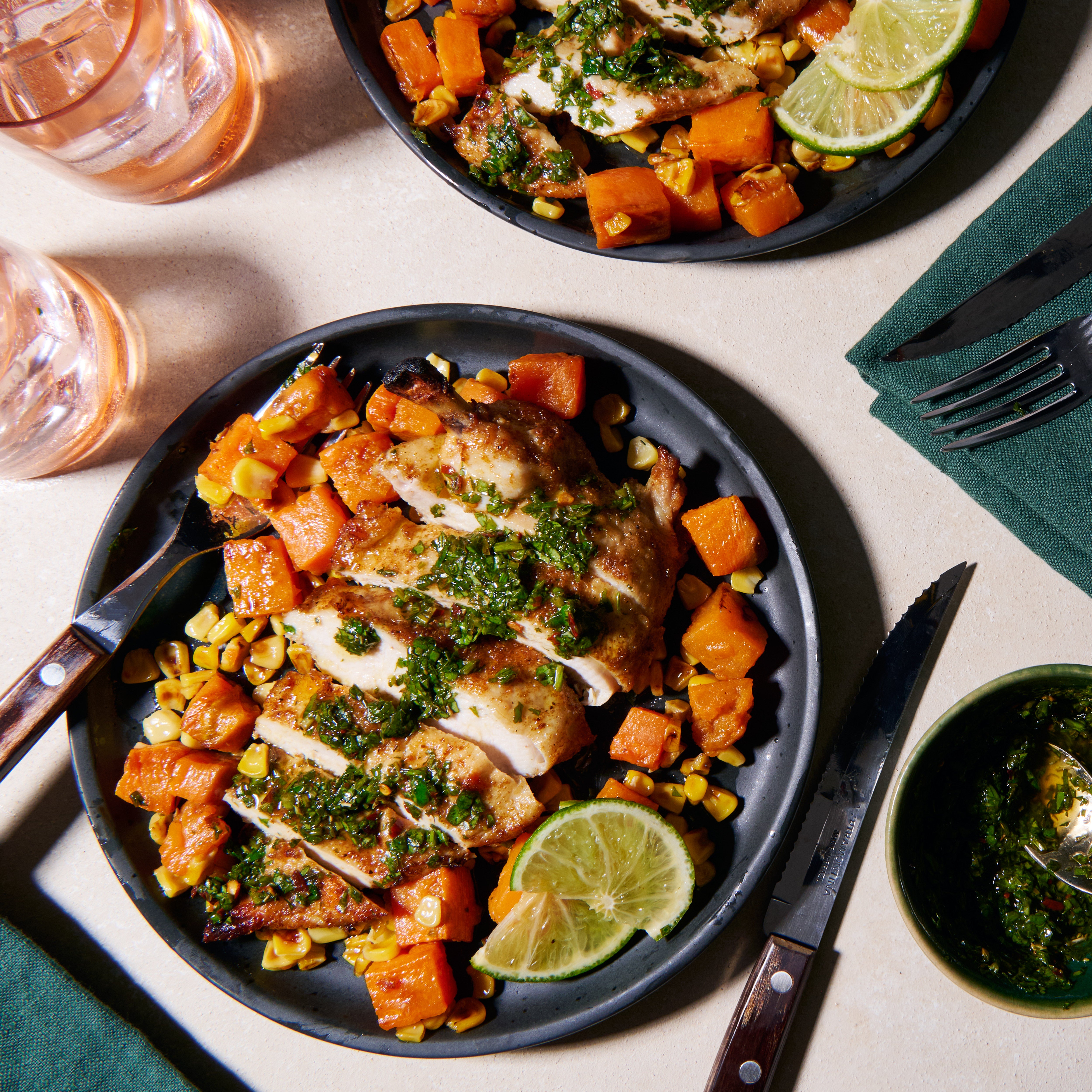 Chicken chimichurri traybake on plates