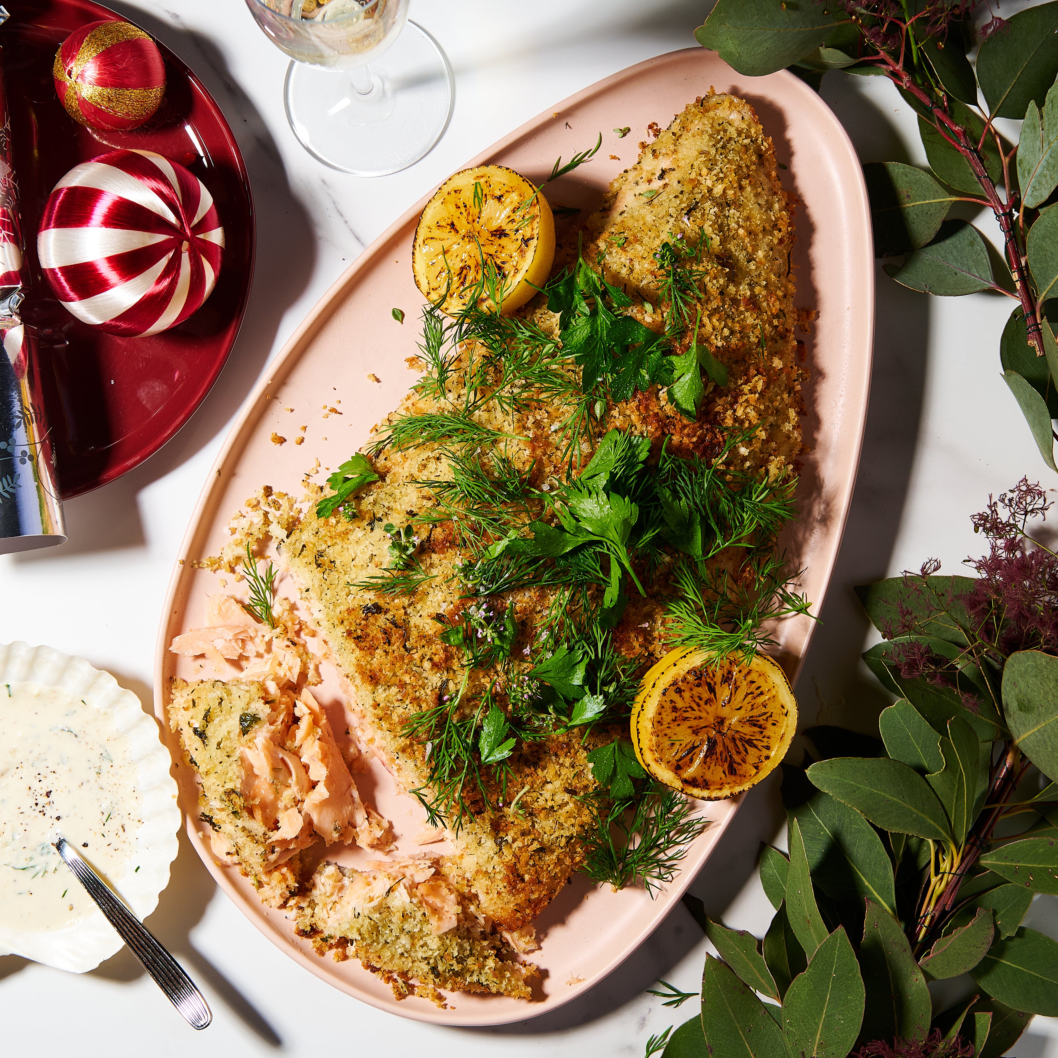 Christmas Fennel and herb-crusted salmon with horseradish-dill cream