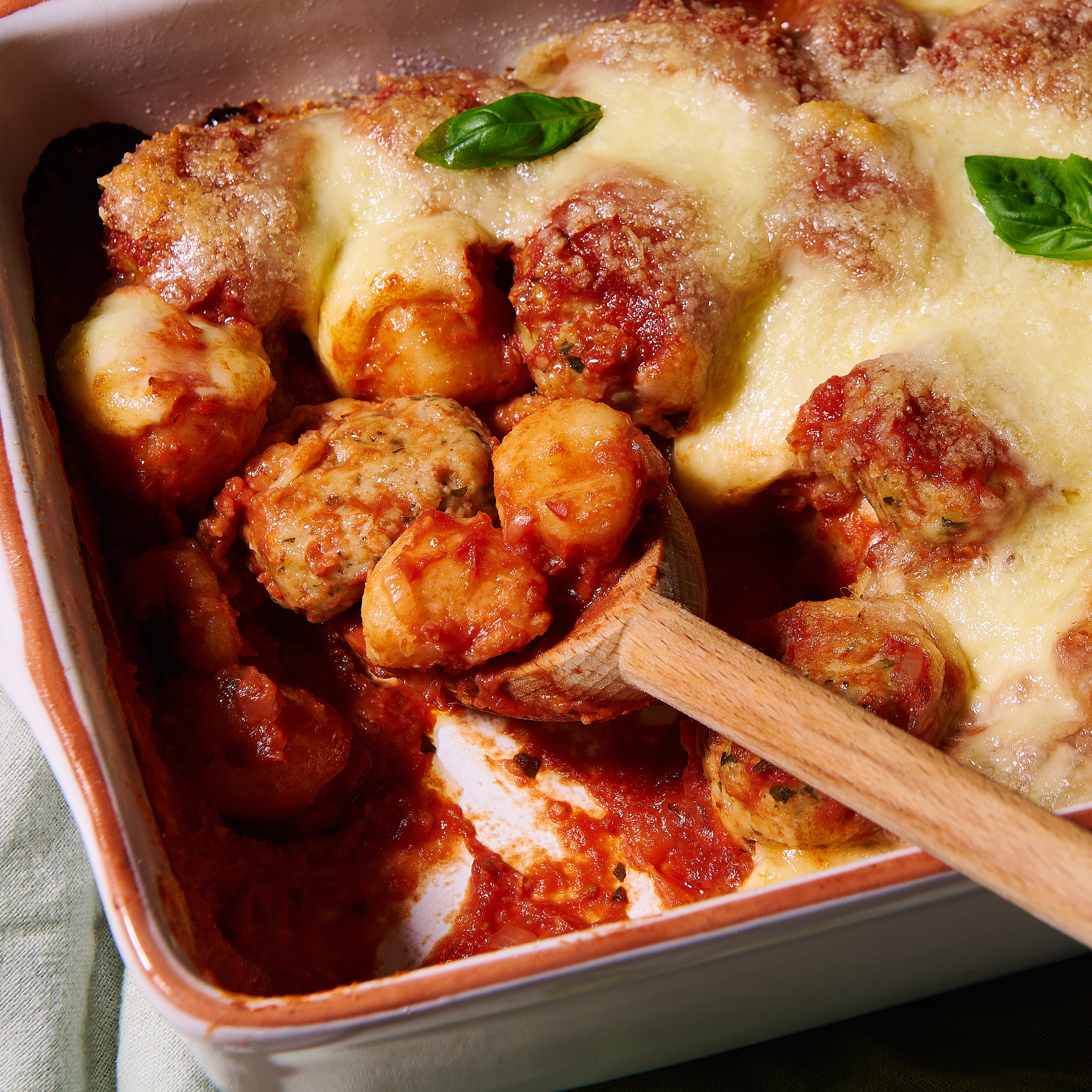 Gnocchi with chicken polpettine, tomato and bocconcini close up