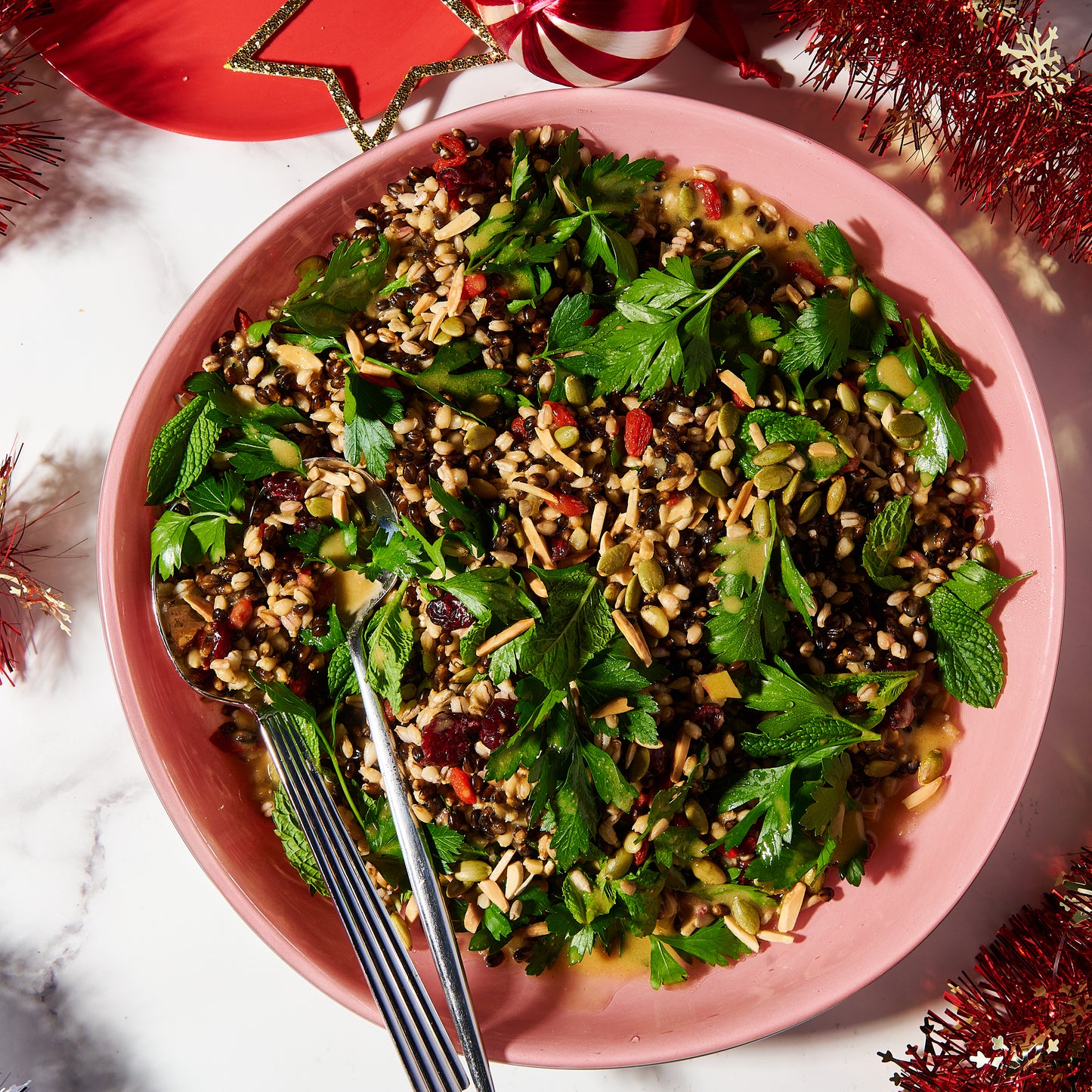 Christmas Grain salad with goji berries, toasted almonds and lemon mustard vinaigrette