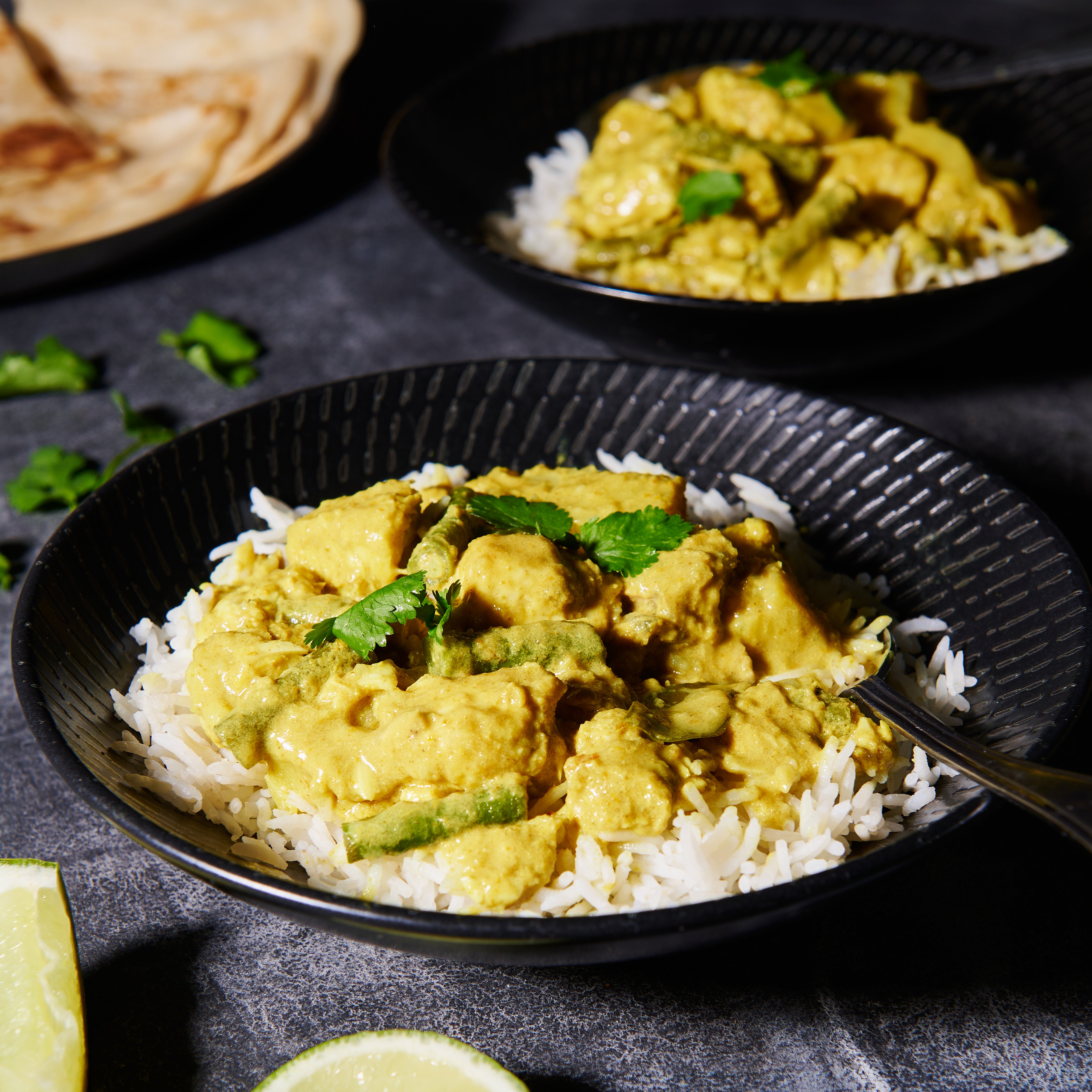 Kerala fish curry with rice on a plate
