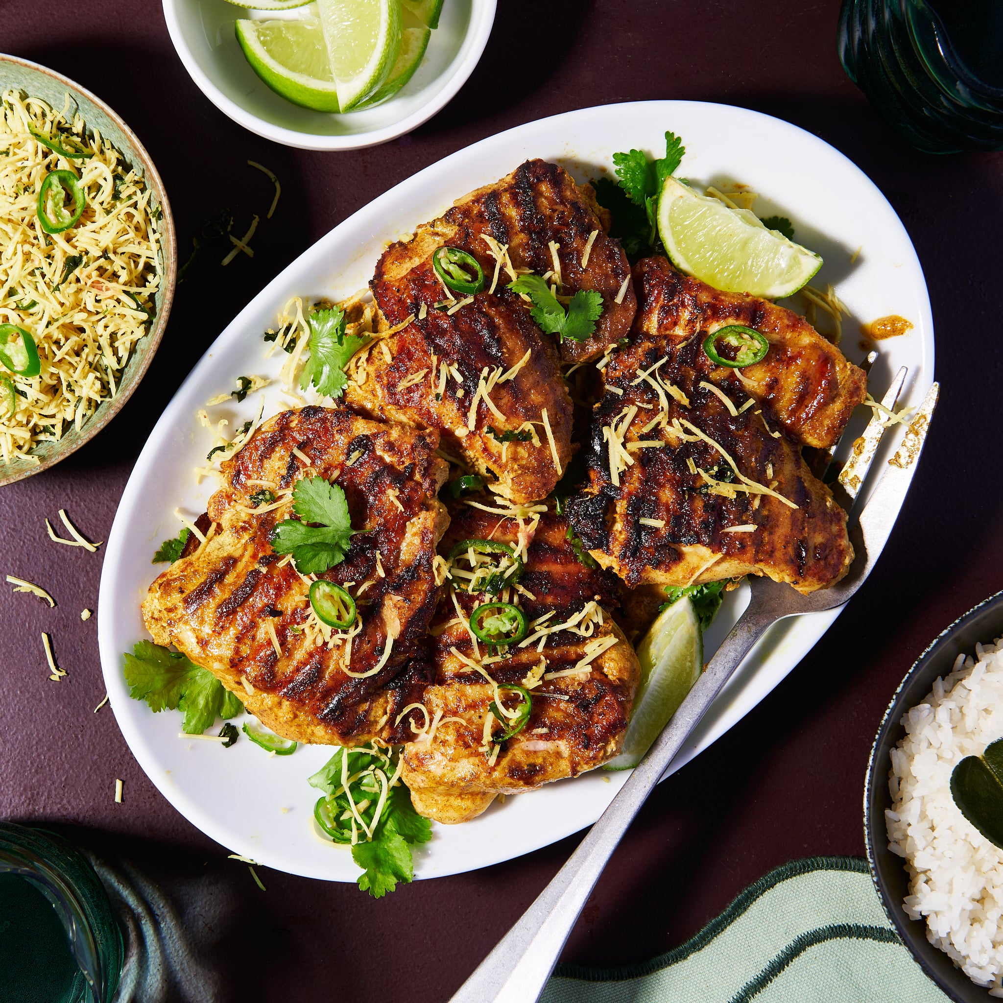 Malaysian marinated chicken thighs with coconut-coriander sambal