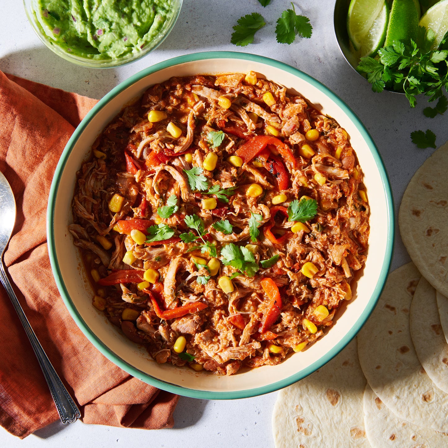 Mexican shredded chicken with coriander, lime and sweet corn