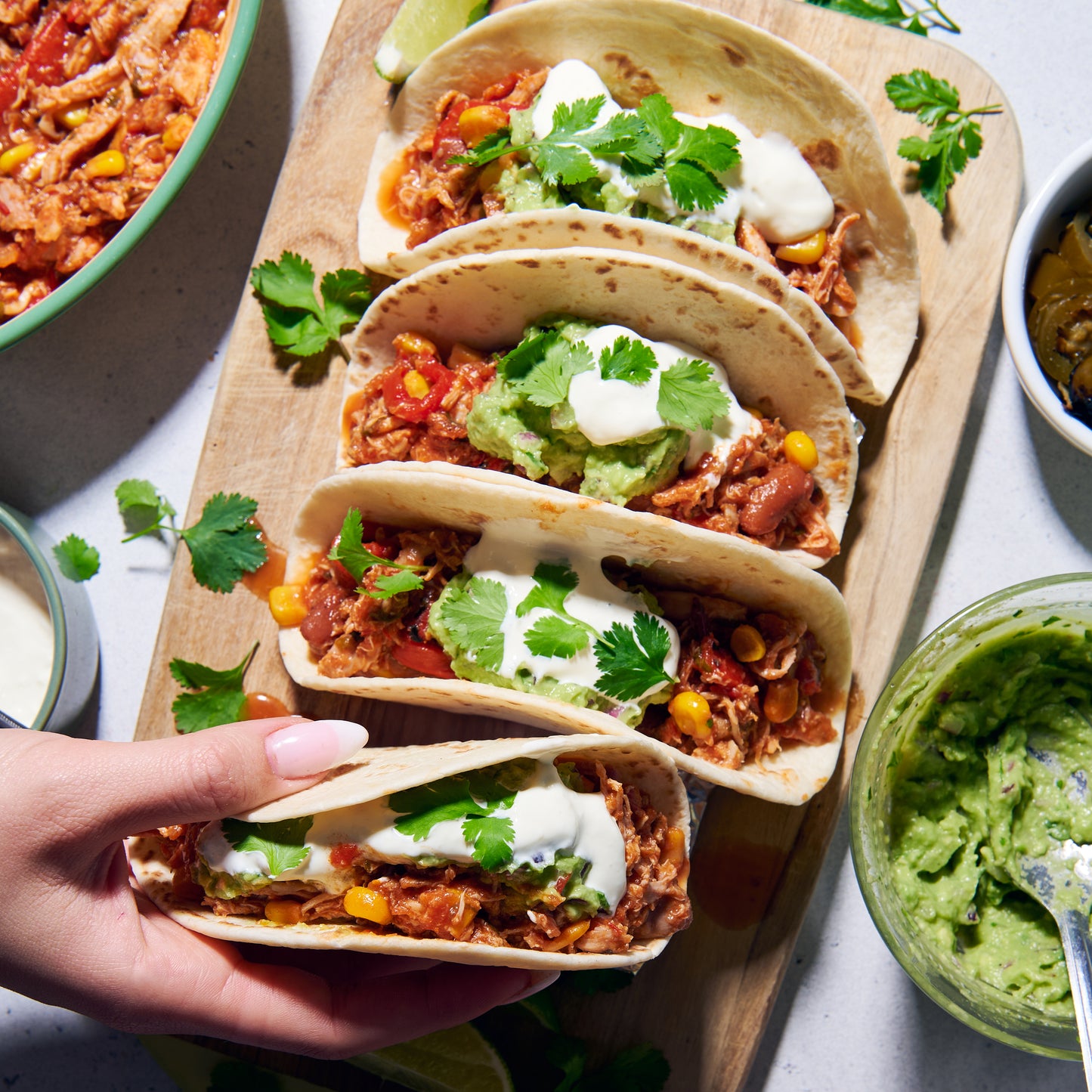 Mexican shredded chicken with coriander, lime and sweet corn