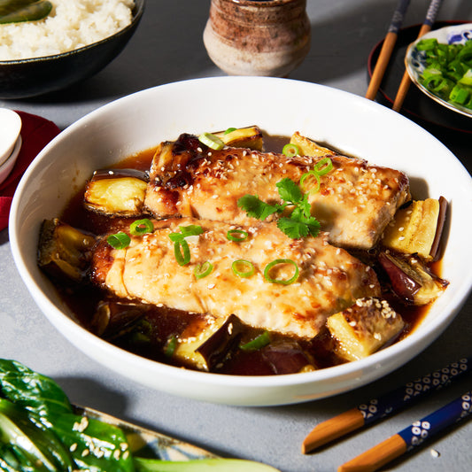Miso barramundi with roast eggplant and soy broth