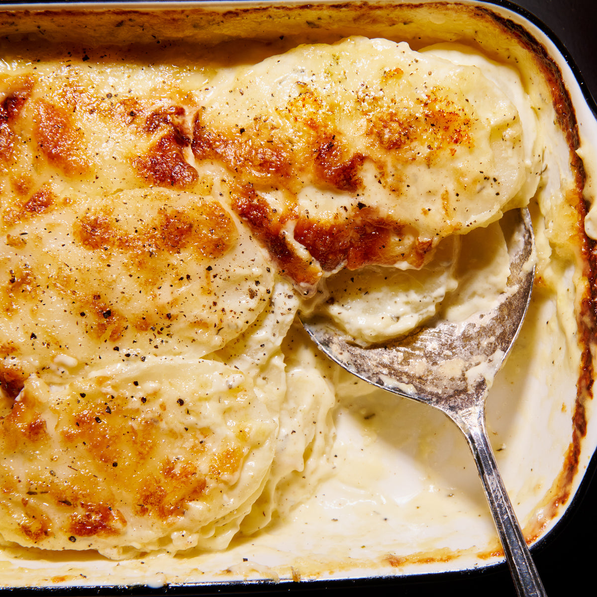 Close up of creamy potato gratin, golden cheese on top and garnished with black pepper