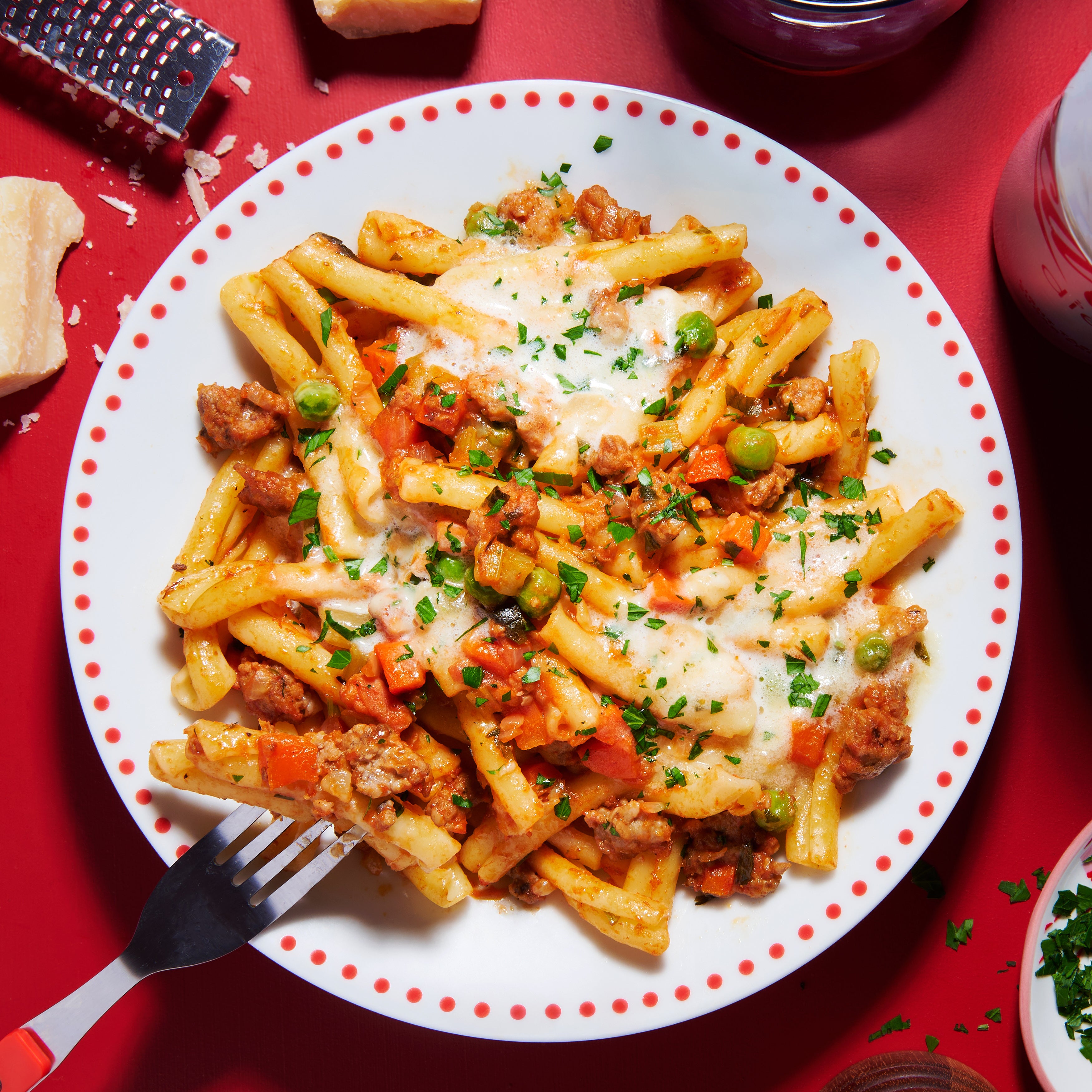 Pasta with Italian sausage, pancetta and parmesan cream