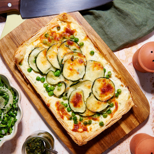 Pea, zucchini and ricotta tart with mint salsa