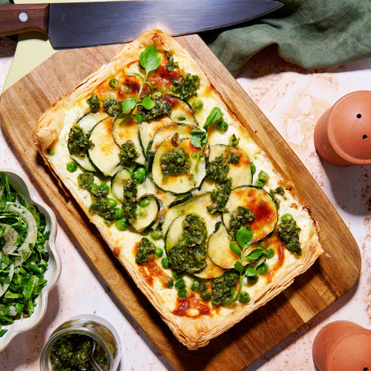 Pea, zucchini and ricotta tart with mint salsa