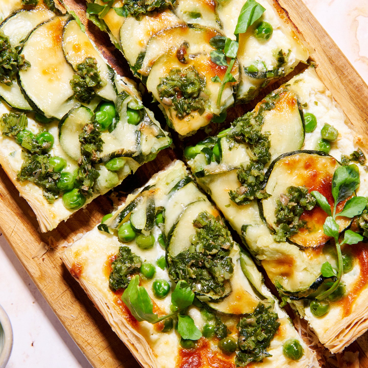 Pea, zucchini and ricotta tart with mint salsa