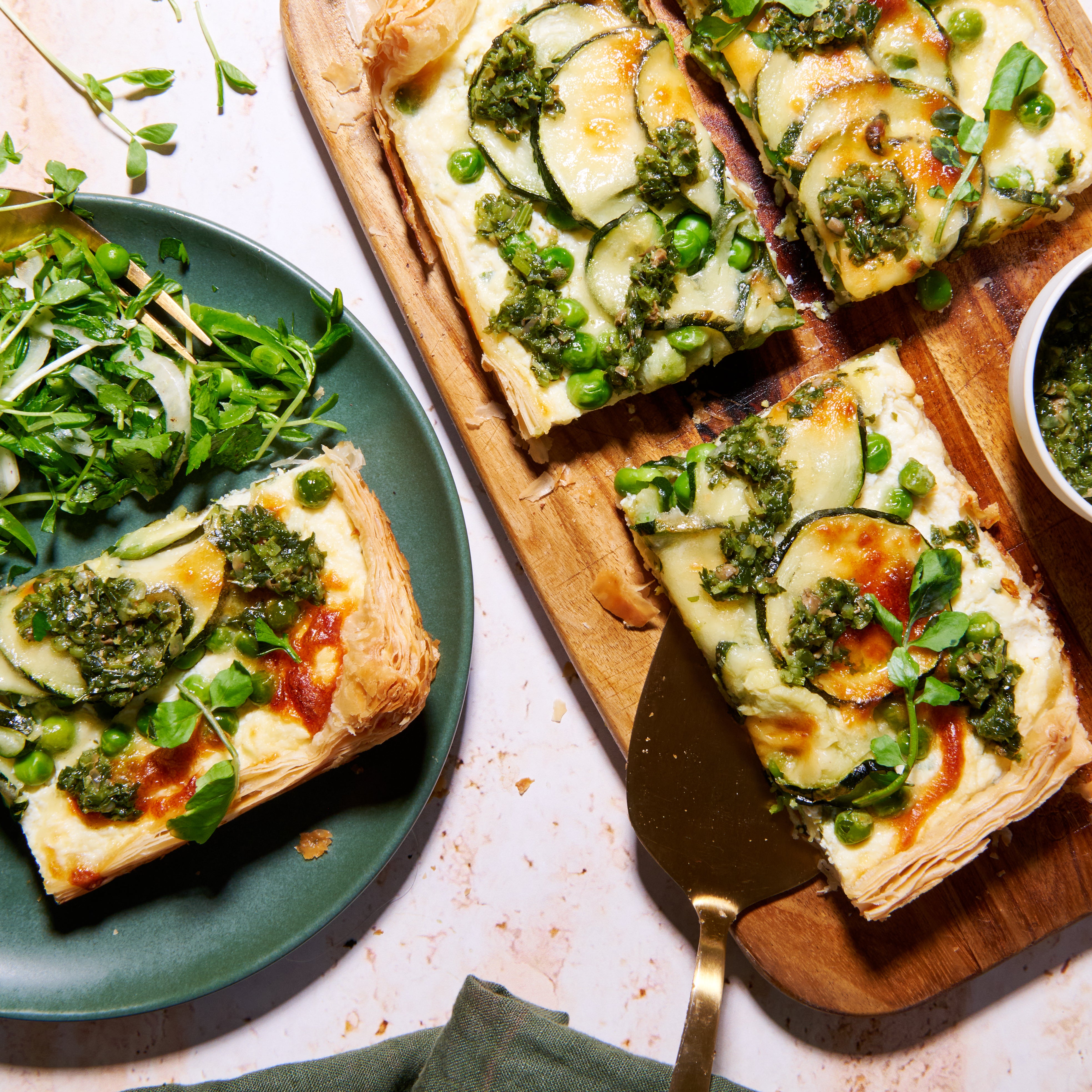 Pea, zucchini and ricotta tart with mint salsa