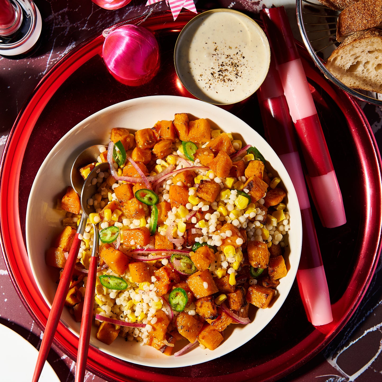 Christmas Pearl cous cous with roasted pumpkin and creamy parmesan dressing
