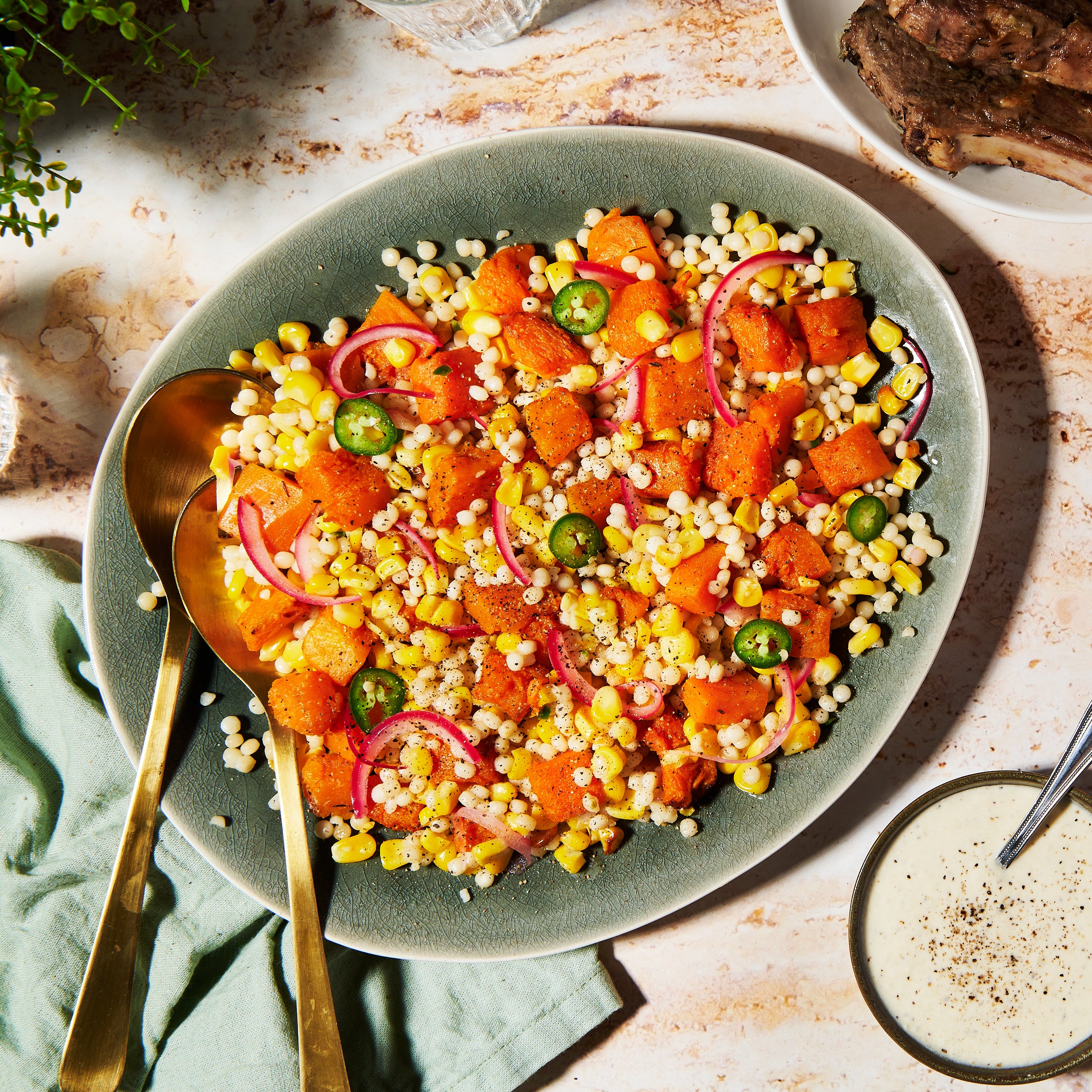 Pearl cous cous with roasted pumpkin and creamy parmesan dressing