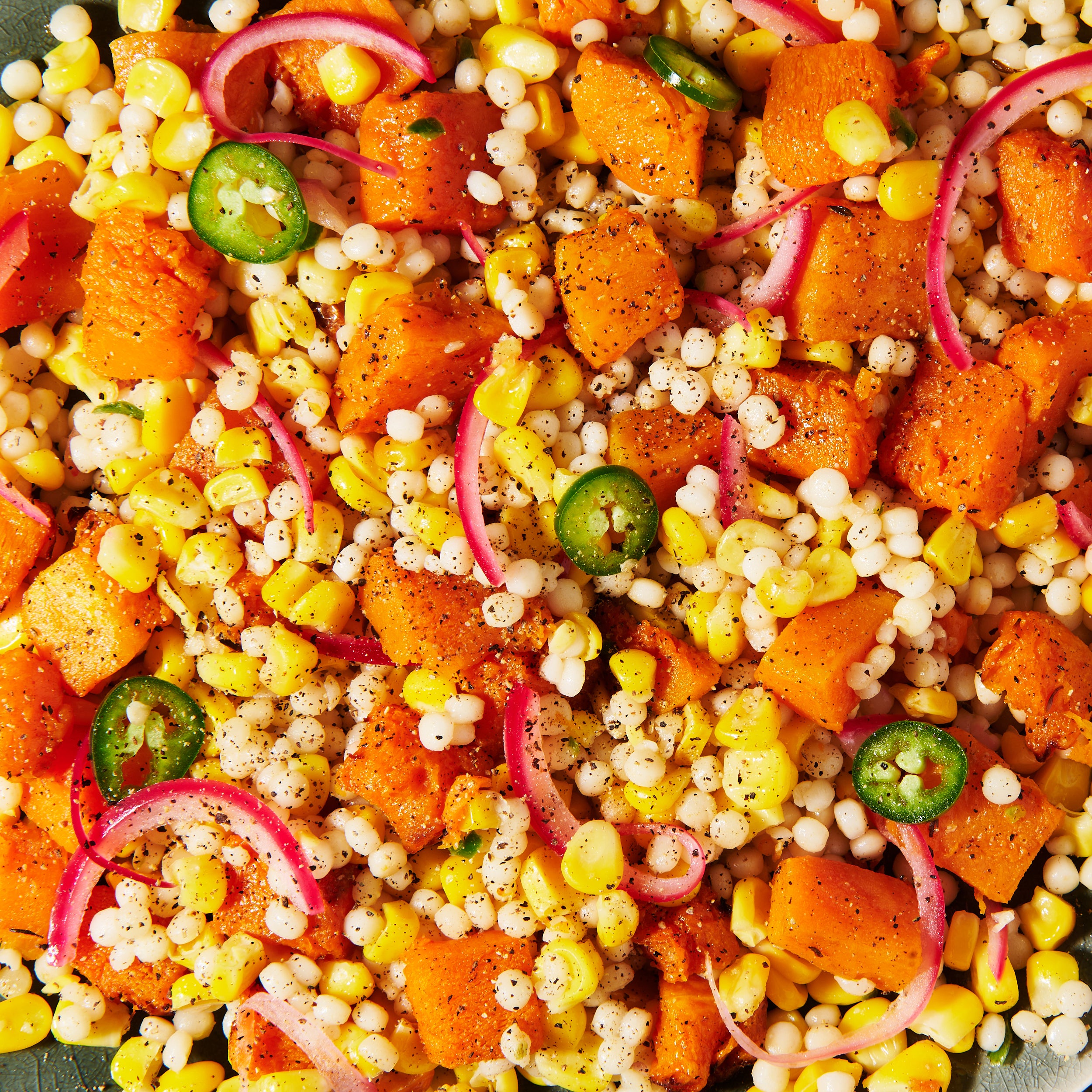 Pearl cous cous with roasted pumpkin and creamy parmesan dressing